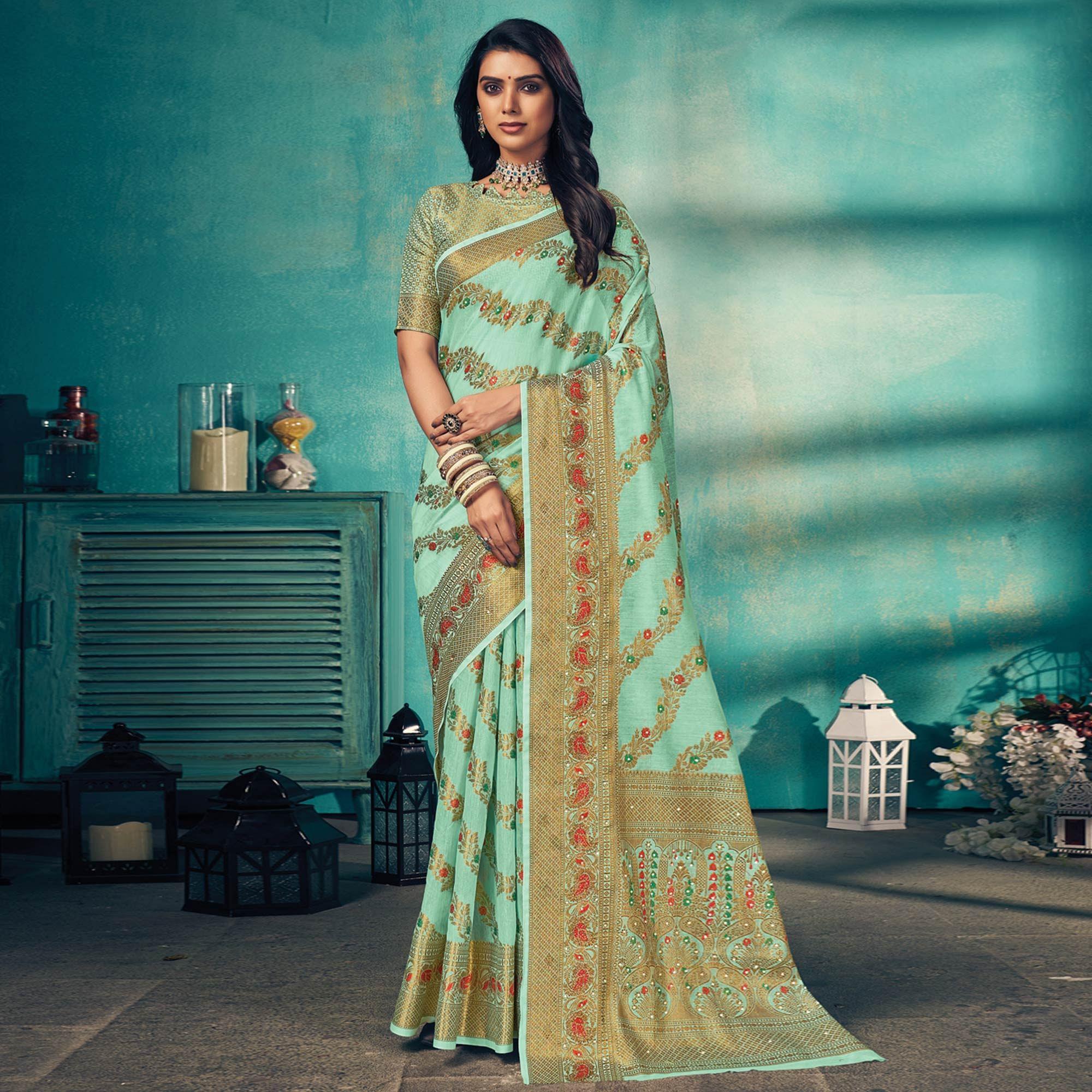 Blue Festive Wear Embellished Cotton Saree - Peachmode