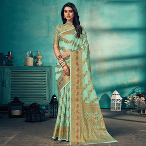 Blue Festive Wear Embellished Cotton Saree - Peachmode