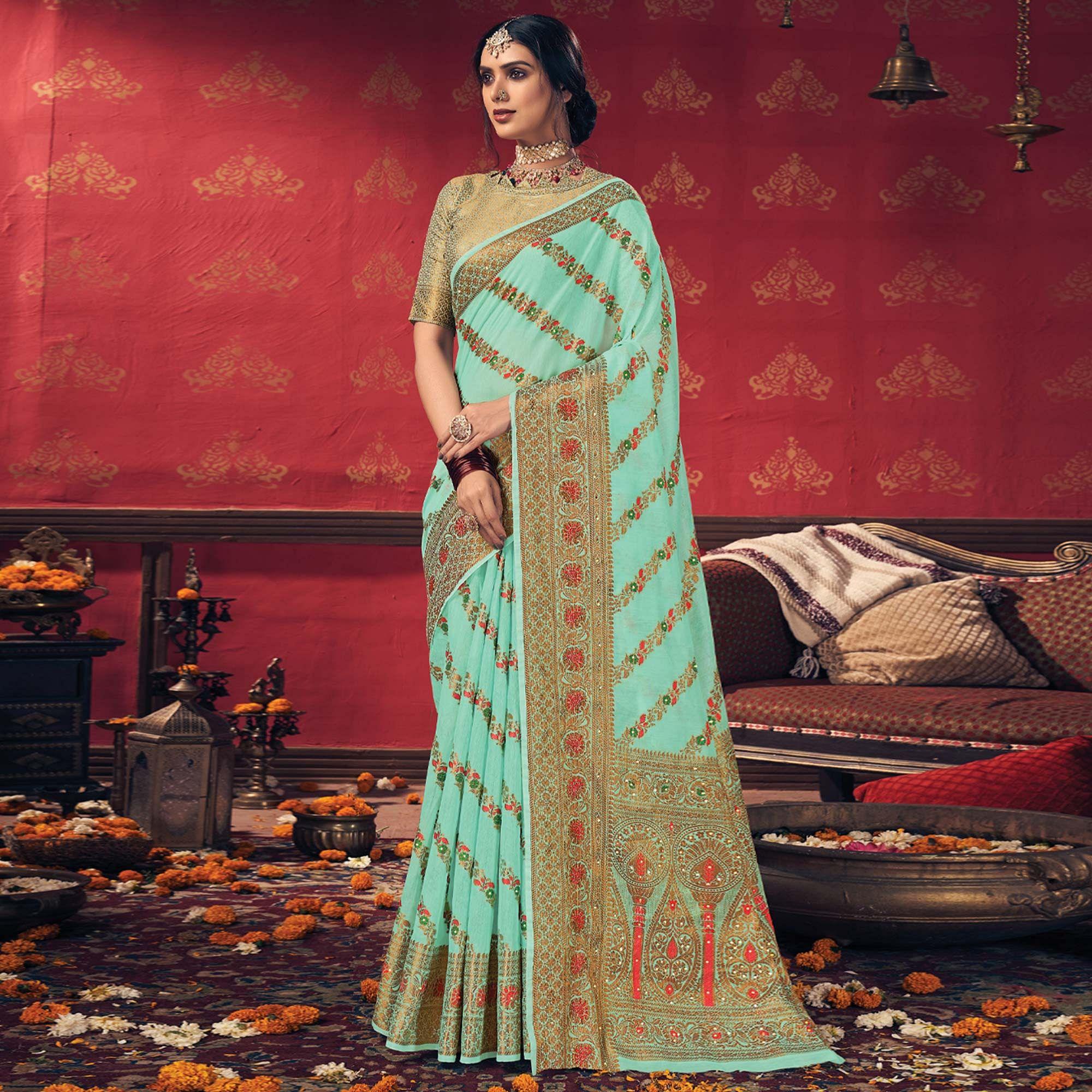 Blue Festive Wear Embellished Cotton Saree - Peachmode