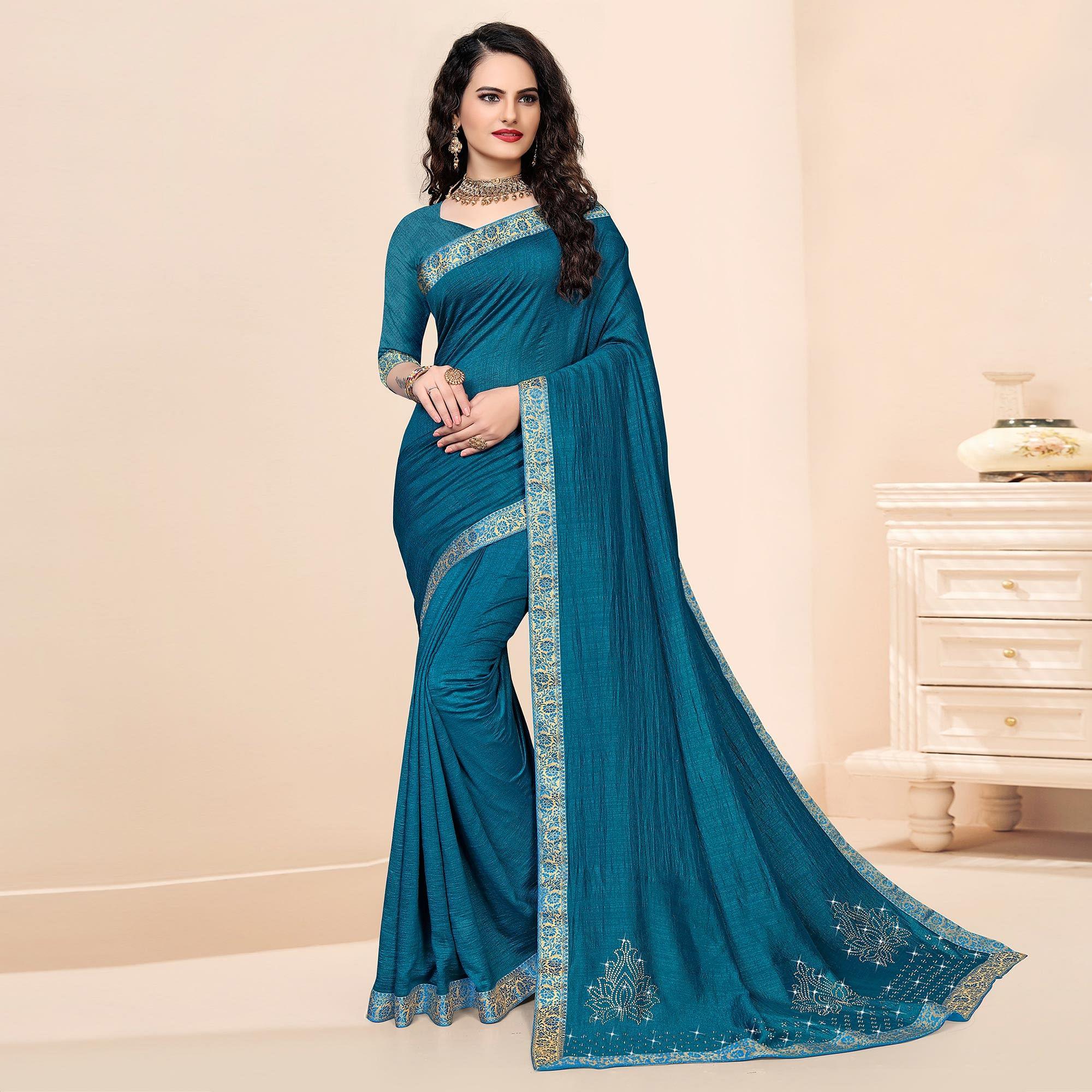 Blue Festive Wear Embellished Vichitra Silk Saree - Peachmode