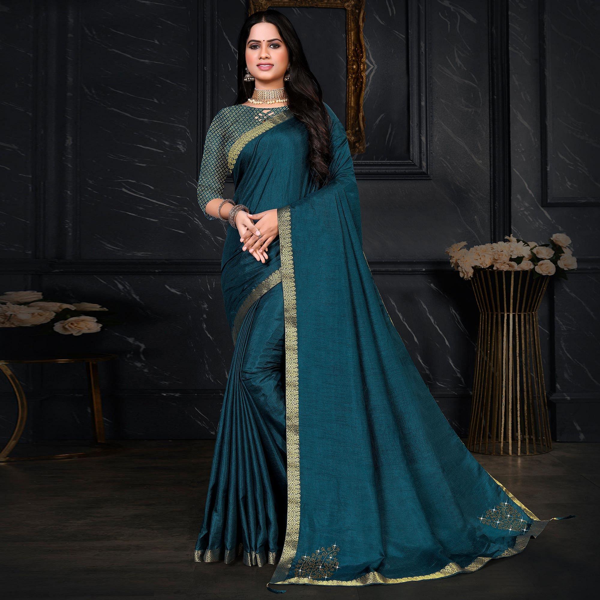 Blue Festive Wear Embellished Vichitra Silk Saree - Peachmode
