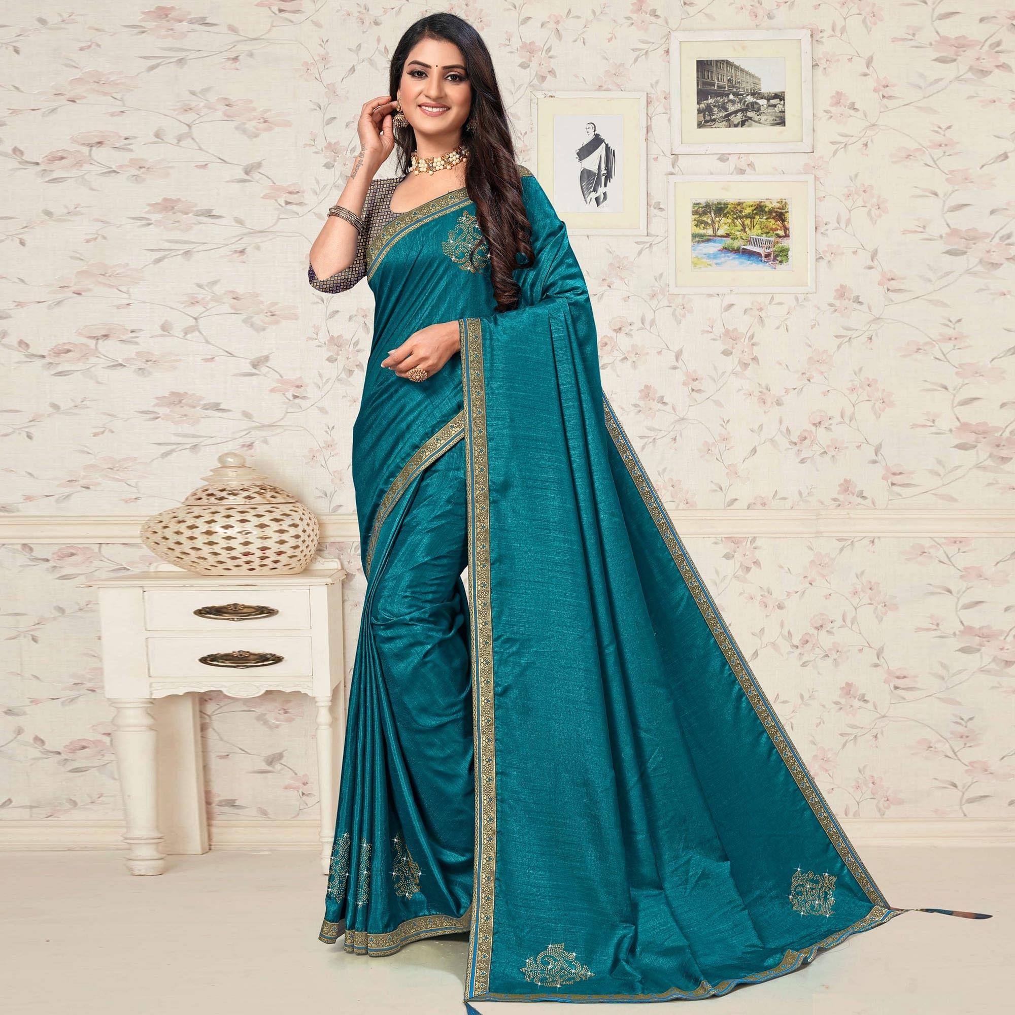 Blue Festive Wear Embellished Vichitra Silk Saree - Peachmode