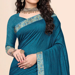 Blue Festive Wear Embellished Vichitra Silk Saree - Peachmode