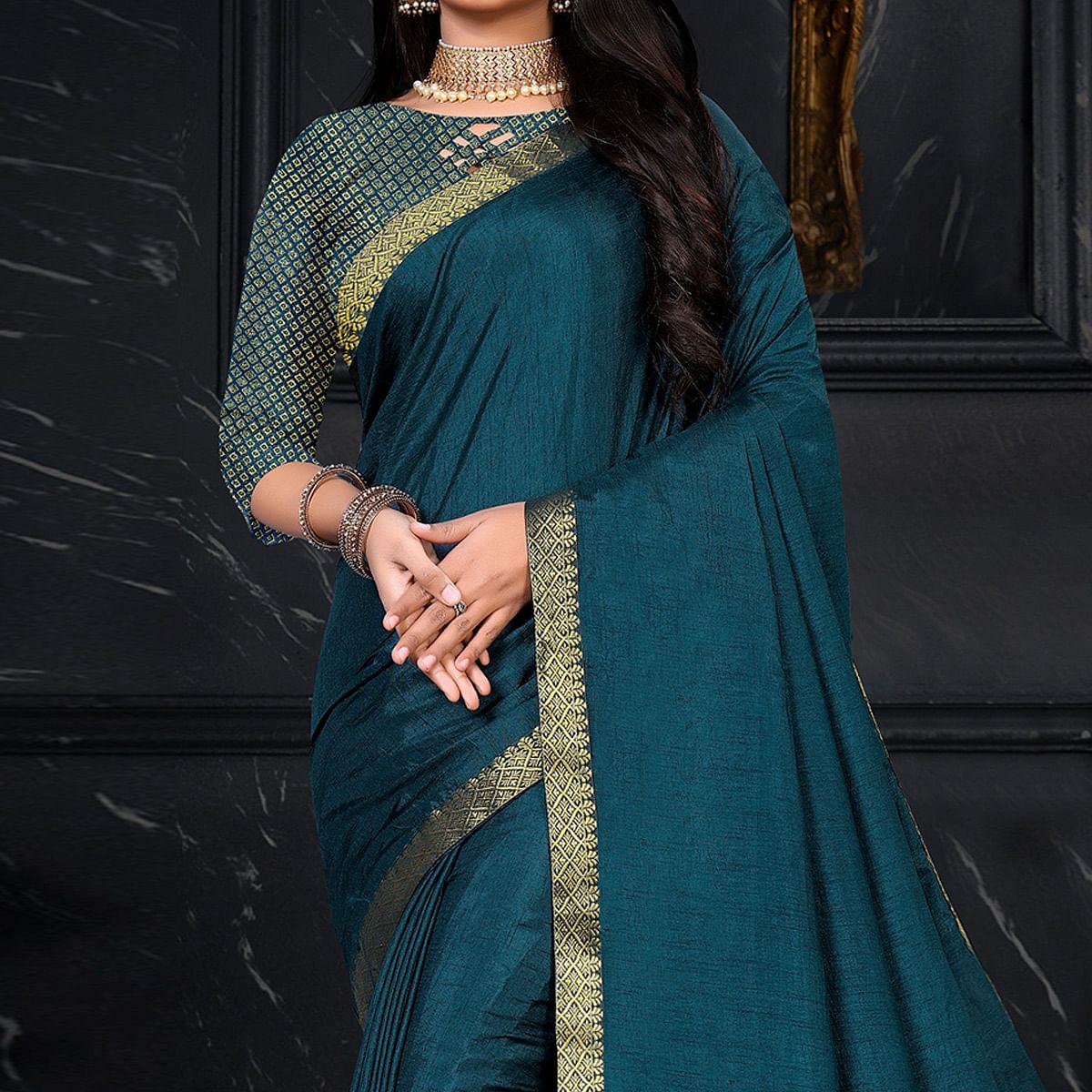 Blue Festive Wear Embellished Vichitra Silk Saree - Peachmode