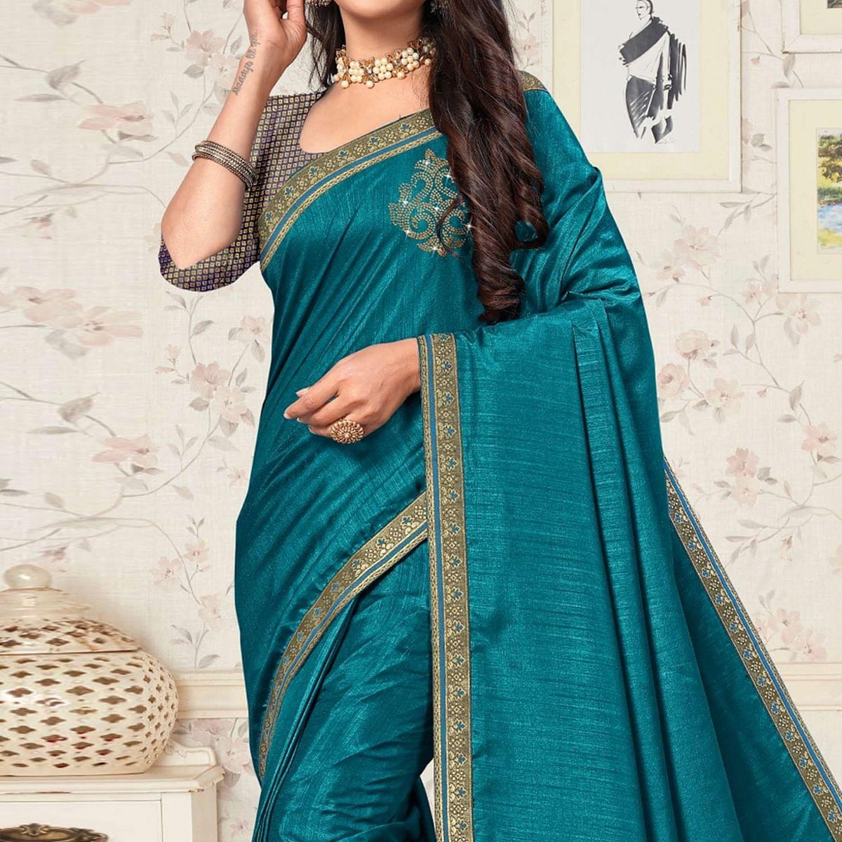 Blue Festive Wear Embellished Vichitra Silk Saree - Peachmode