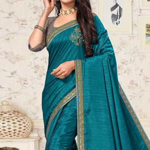 Blue Festive Wear Embellished Vichitra Silk Saree - Peachmode