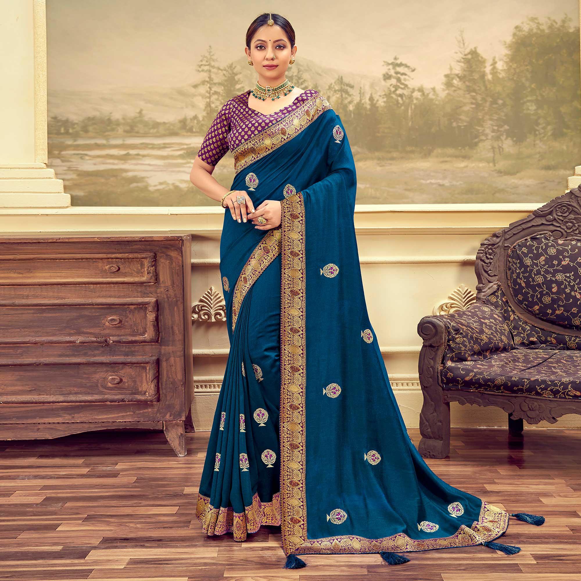 Blue Festive Wear Embroidered & Swarovski Silk Saree - Peachmode