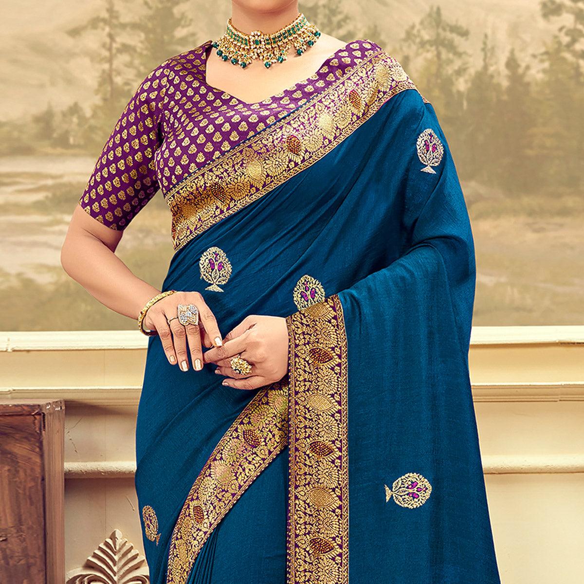 Blue Festive Wear Embroidered & Swarovski Silk Saree - Peachmode