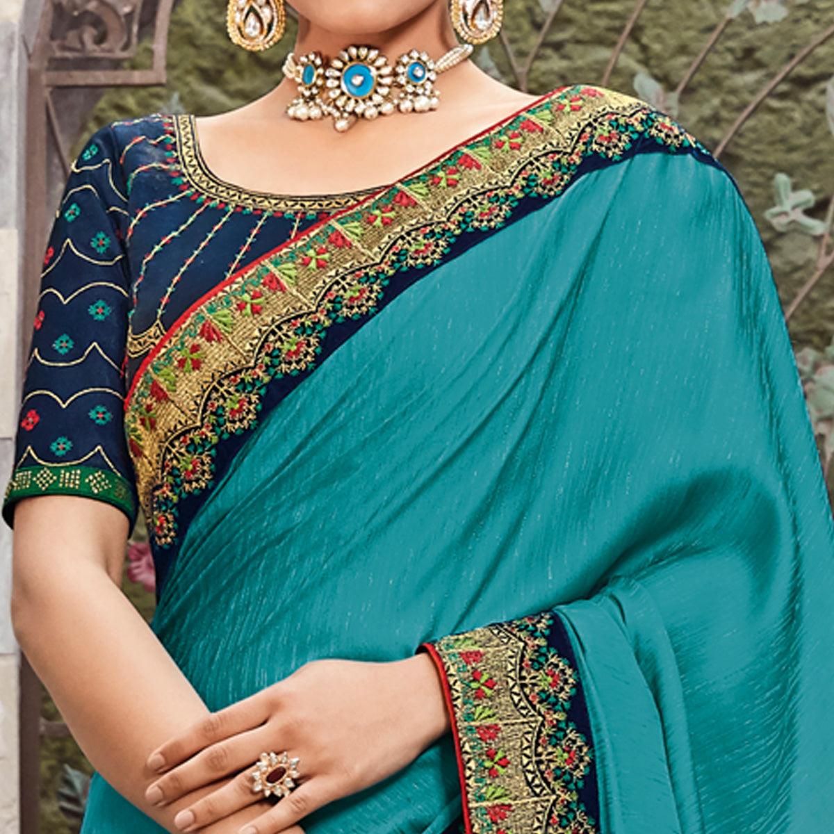 Blue Festive Wear Embroidered Art Silk Saree - Peachmode