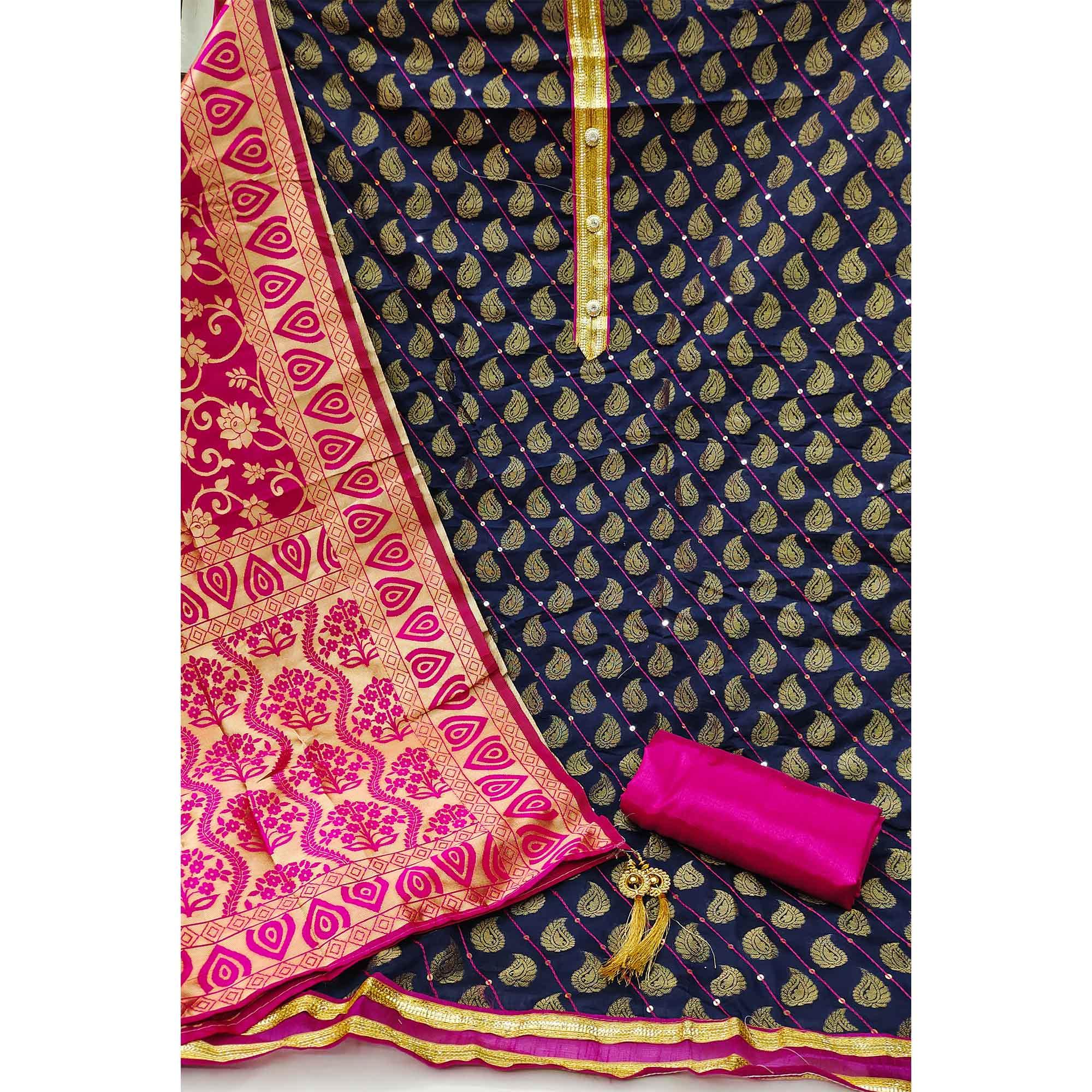 Blue Festive Wear Embroidered Chanderi Dress Material - Peachmode