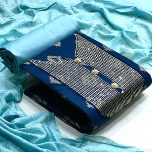 Blue Festive Wear Embroidered Cotton Dress Material - Peachmode