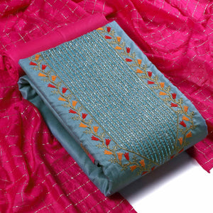 Blue Festive Wear Embroidered Cotton Dress Material - Peachmode