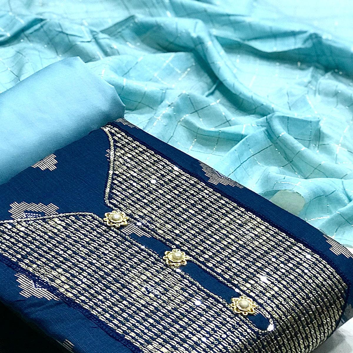 Blue Festive Wear Embroidered Cotton Dress Material - Peachmode