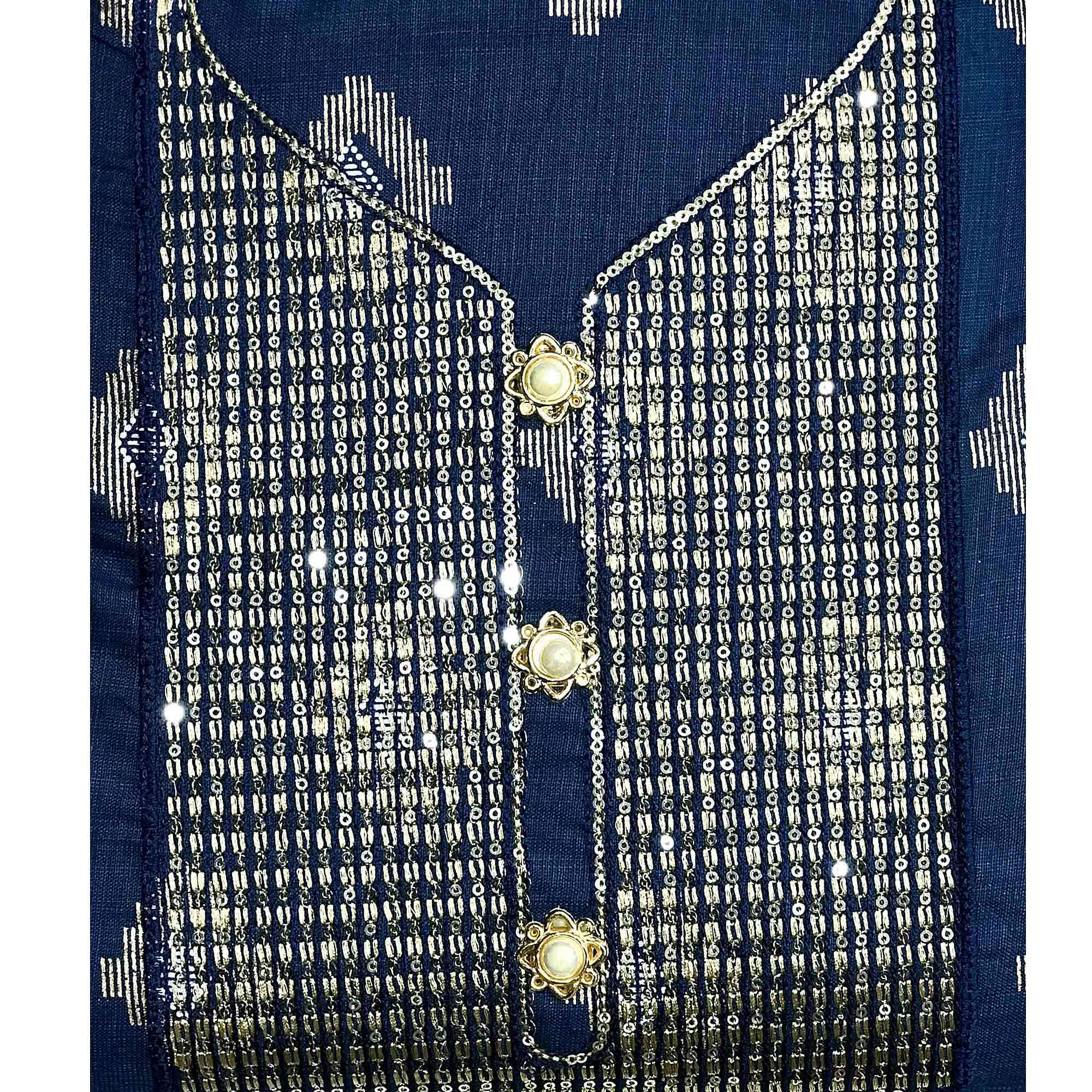 Blue Festive Wear Embroidered Cotton Dress Material - Peachmode