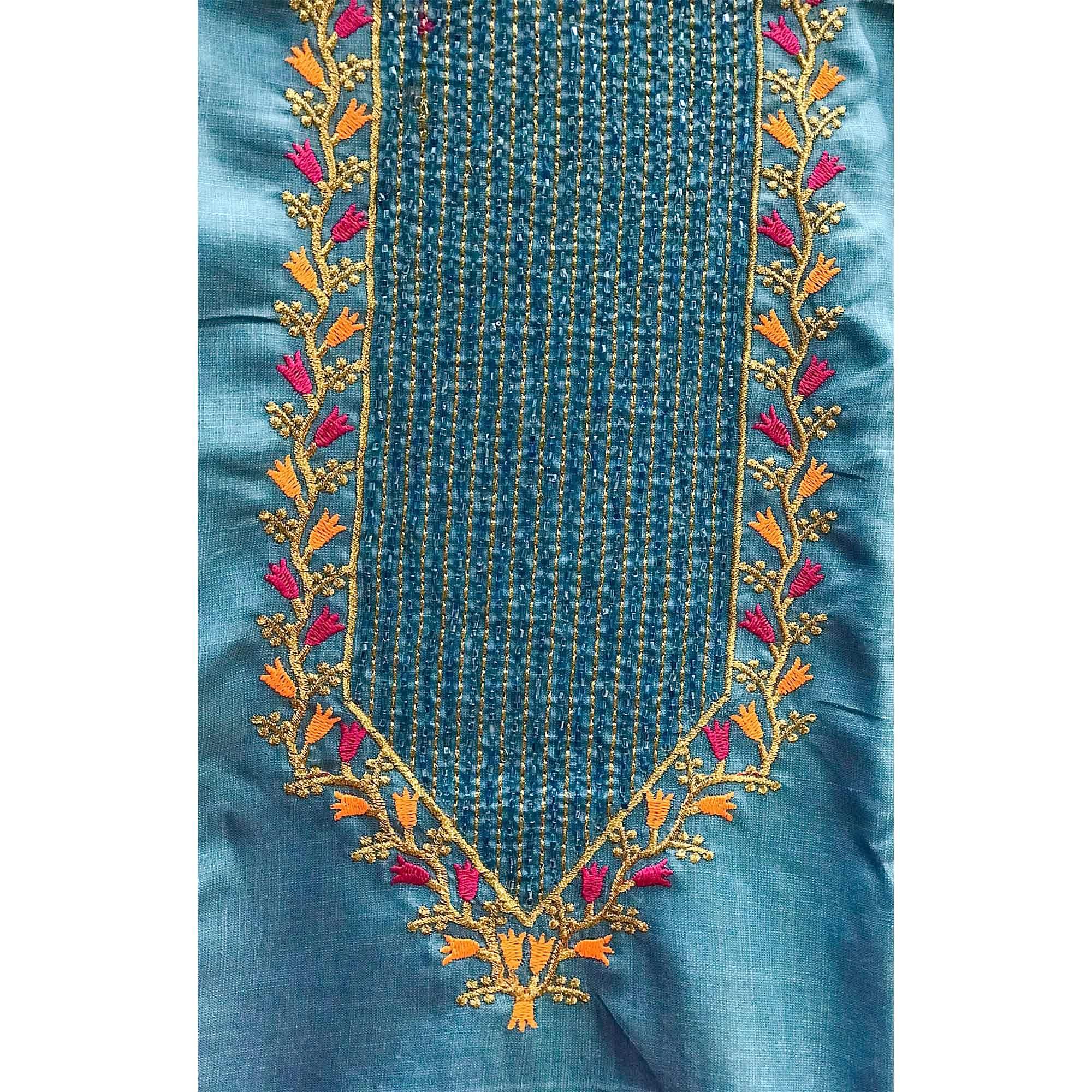 Blue Festive Wear Embroidered Cotton Dress Material - Peachmode