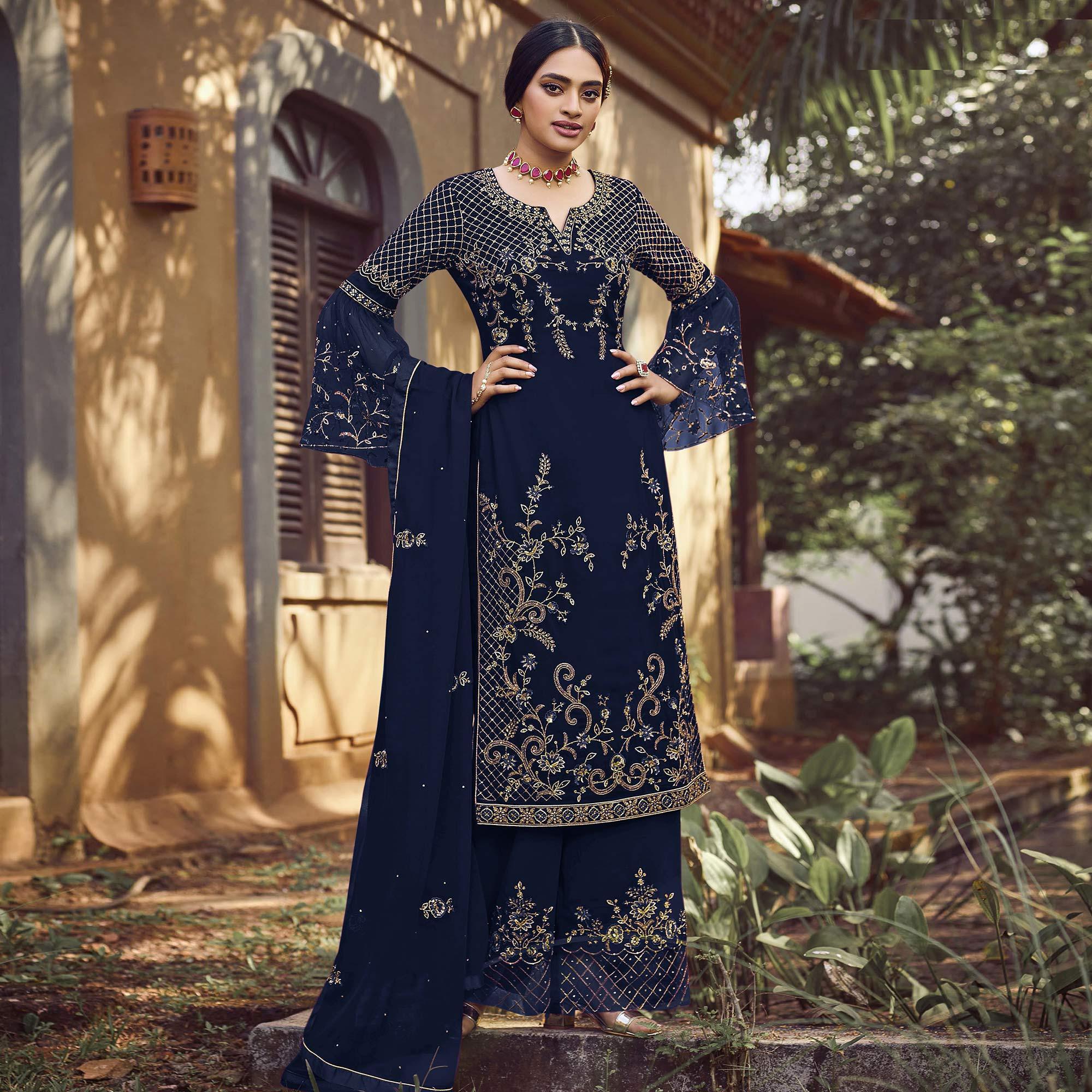 Blue Festive Wear Embroidered Faux Georgette Straight Style Palazzo Suit - Peachmode