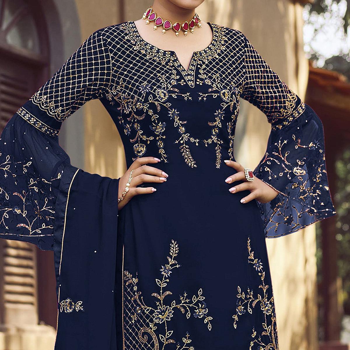 Blue Festive Wear Embroidered Faux Georgette Straight Style Palazzo Suit - Peachmode