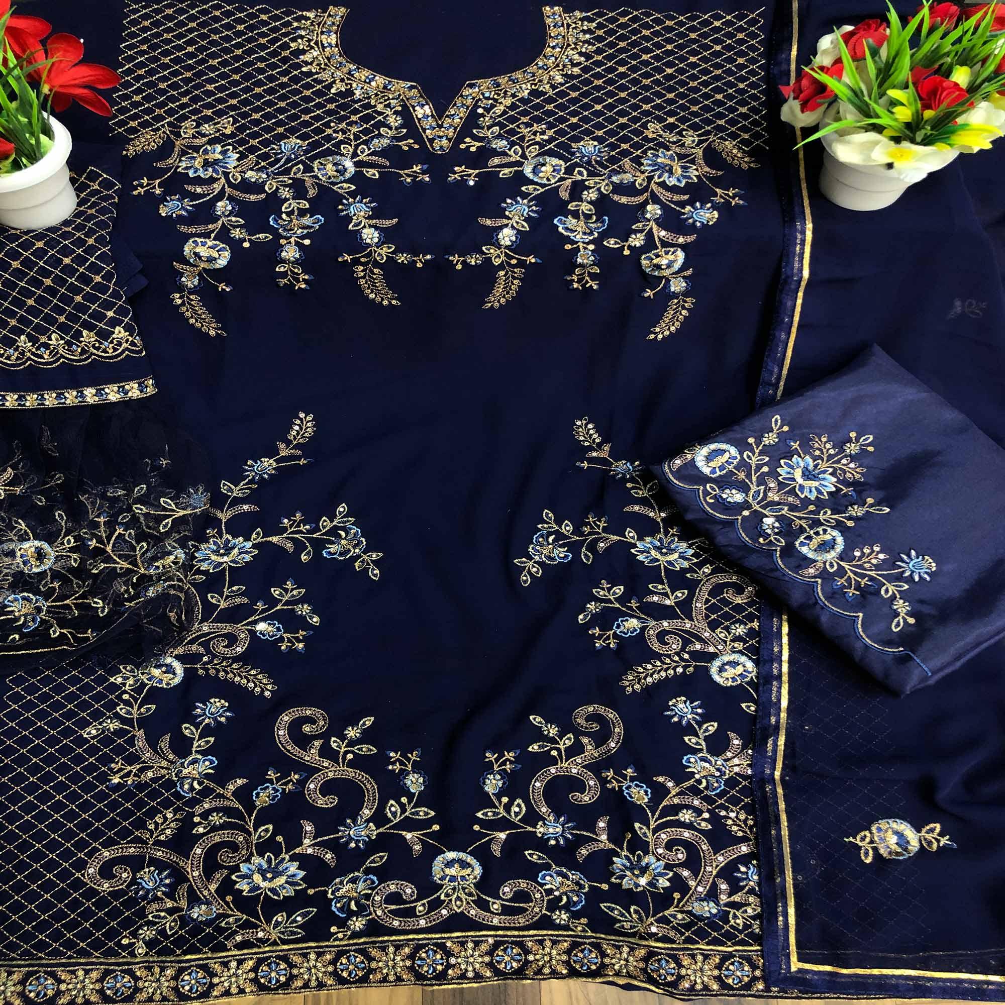 Blue Festive Wear Embroidered Faux Georgette Straight Style Palazzo Suit - Peachmode