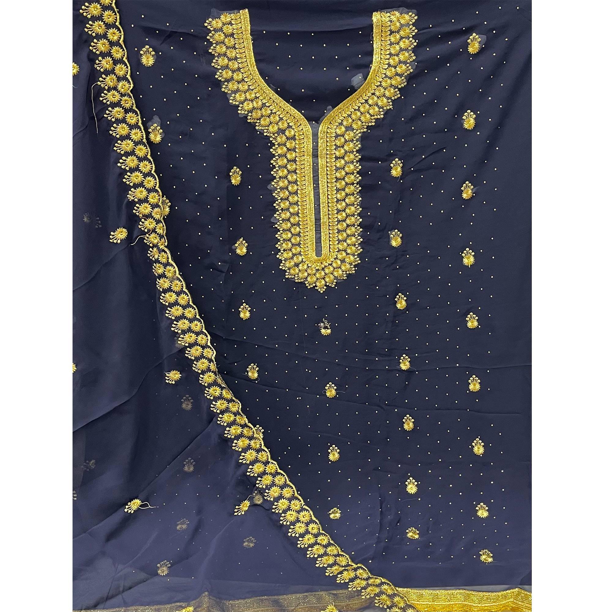 Blue Festive Wear Embroidered Georgette Dress Material - Peachmode