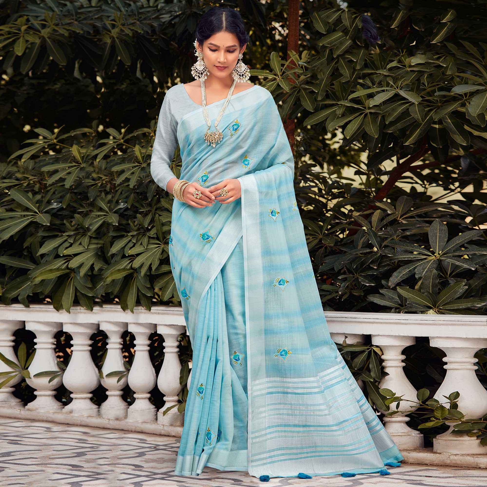 Blue Festive Wear Embroidered Linen Saree - Peachmode