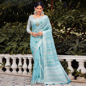Blue Festive Wear Embroidered Linen Saree - Peachmode