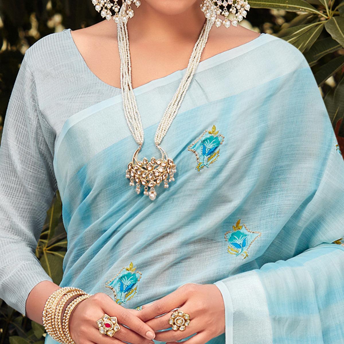 Blue Festive Wear Embroidered Linen Saree - Peachmode