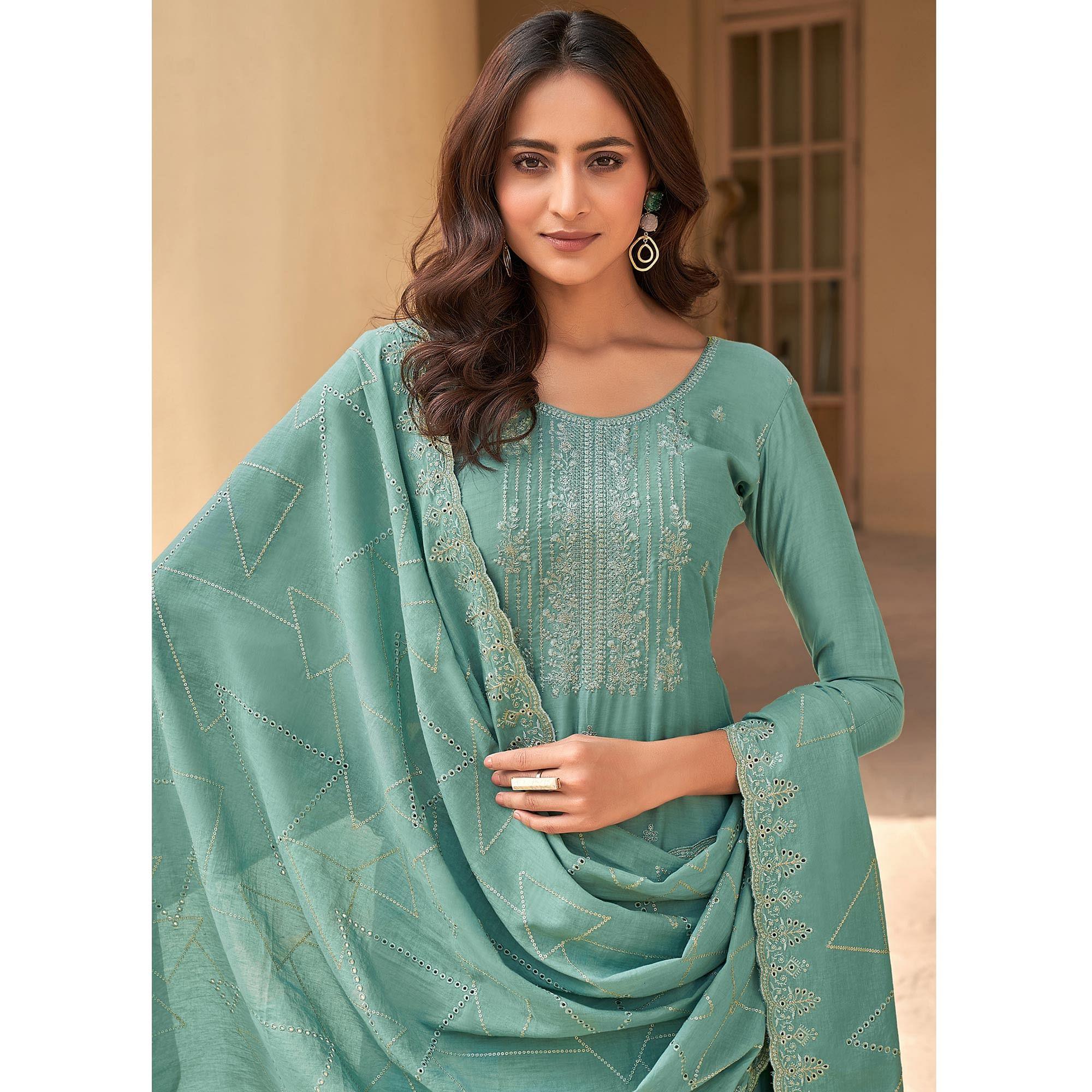 Blue Festive Wear Embroidered Muslin Palazzo Suit - Peachmode