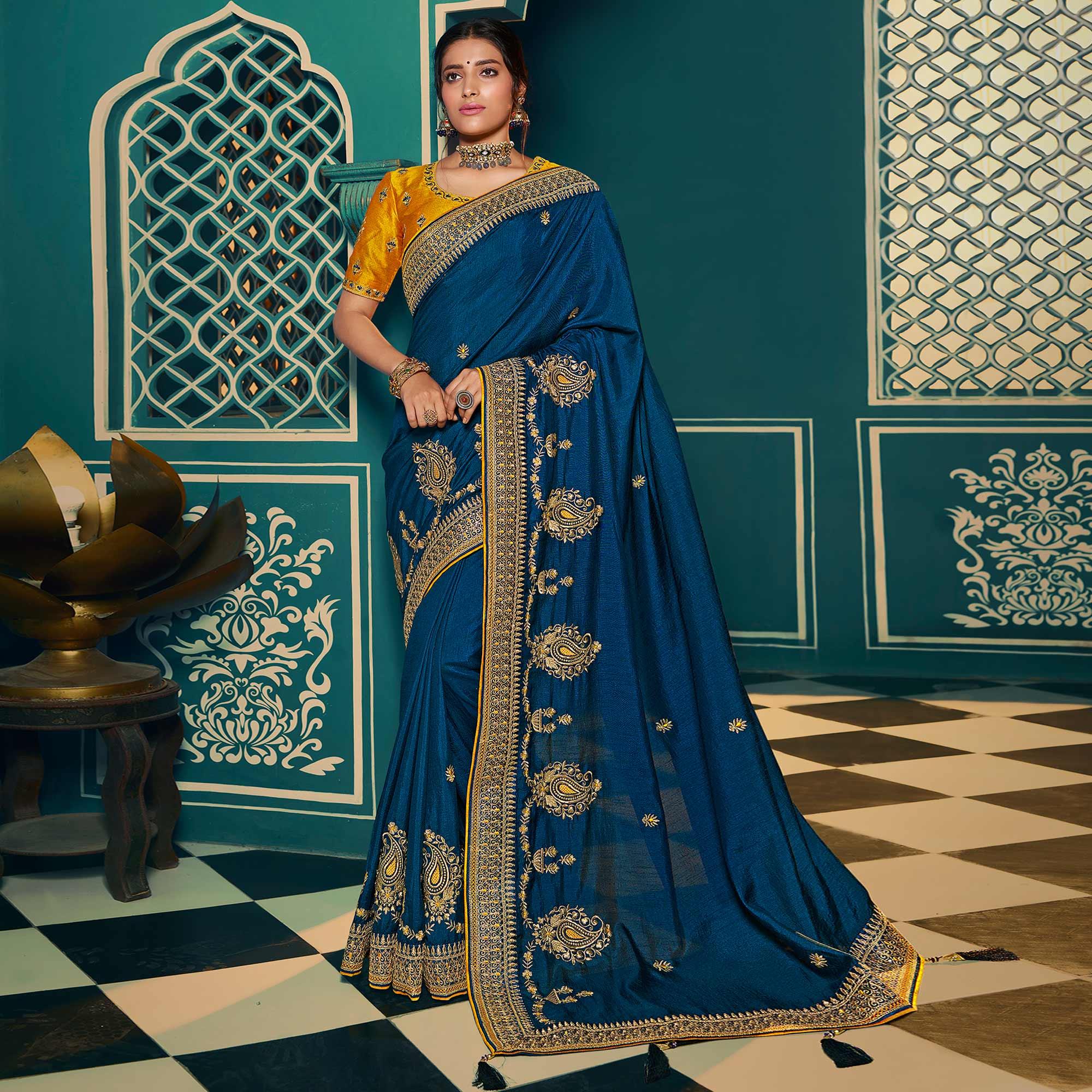 Blue Festive Wear Embroidered Silk Saree - Peachmode