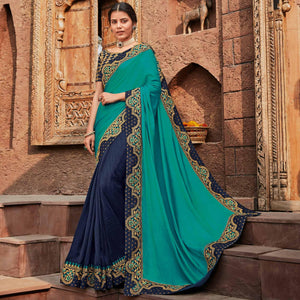 Blue Festive Wear Embroidered Silk Saree - Peachmode