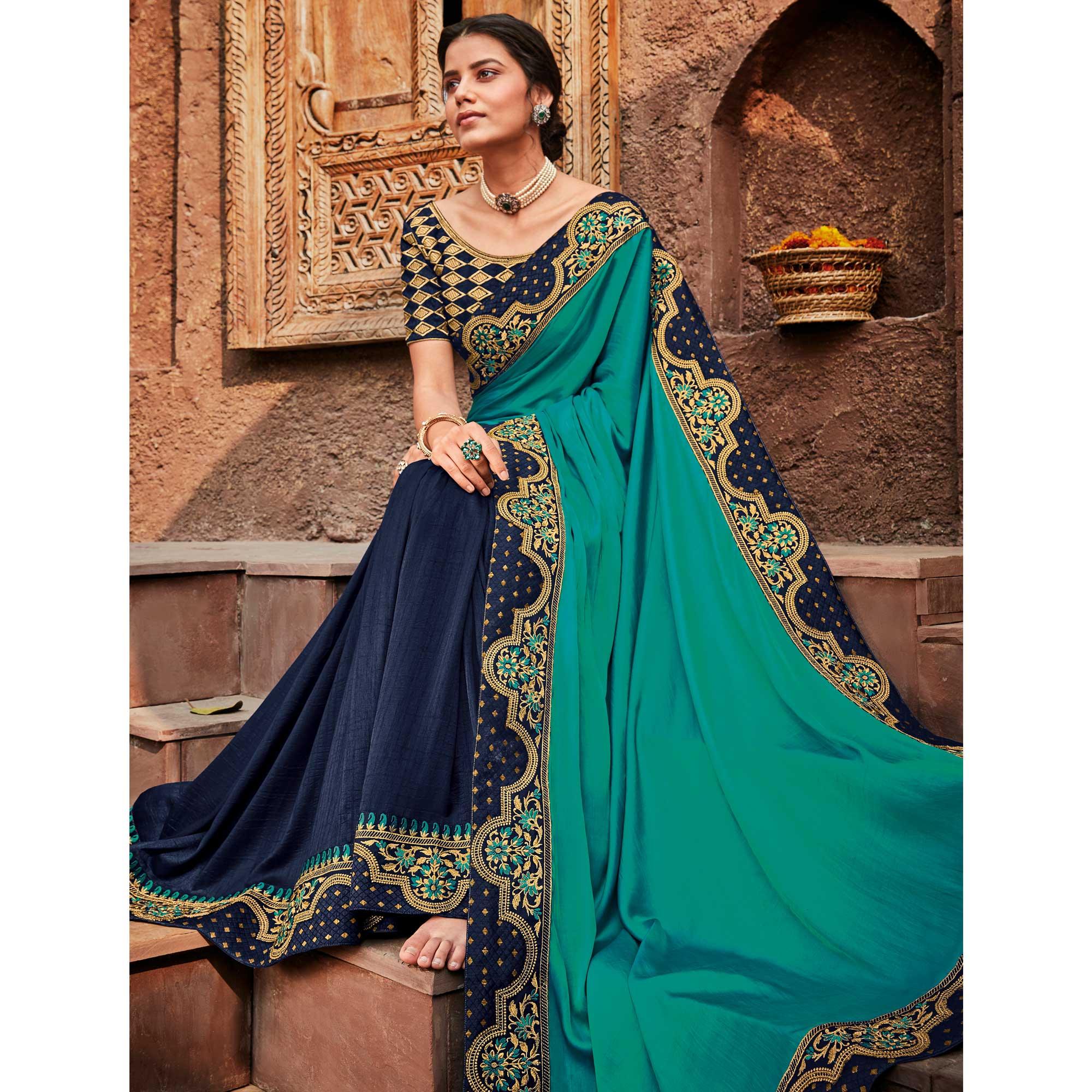 Blue Festive Wear Embroidered Silk Saree - Peachmode