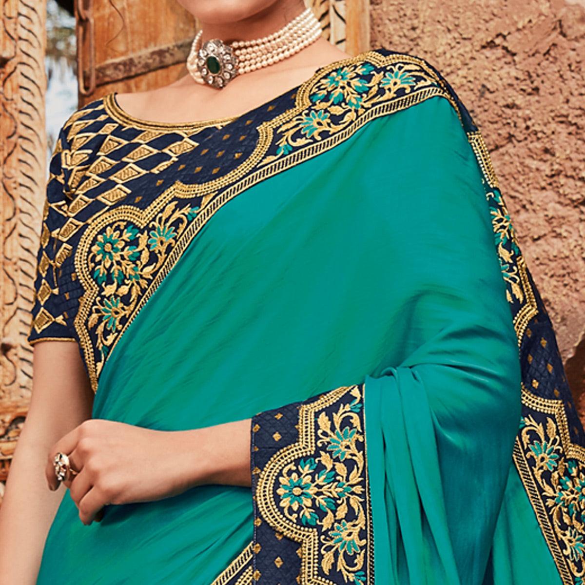 Blue Festive Wear Embroidered Silk Saree - Peachmode