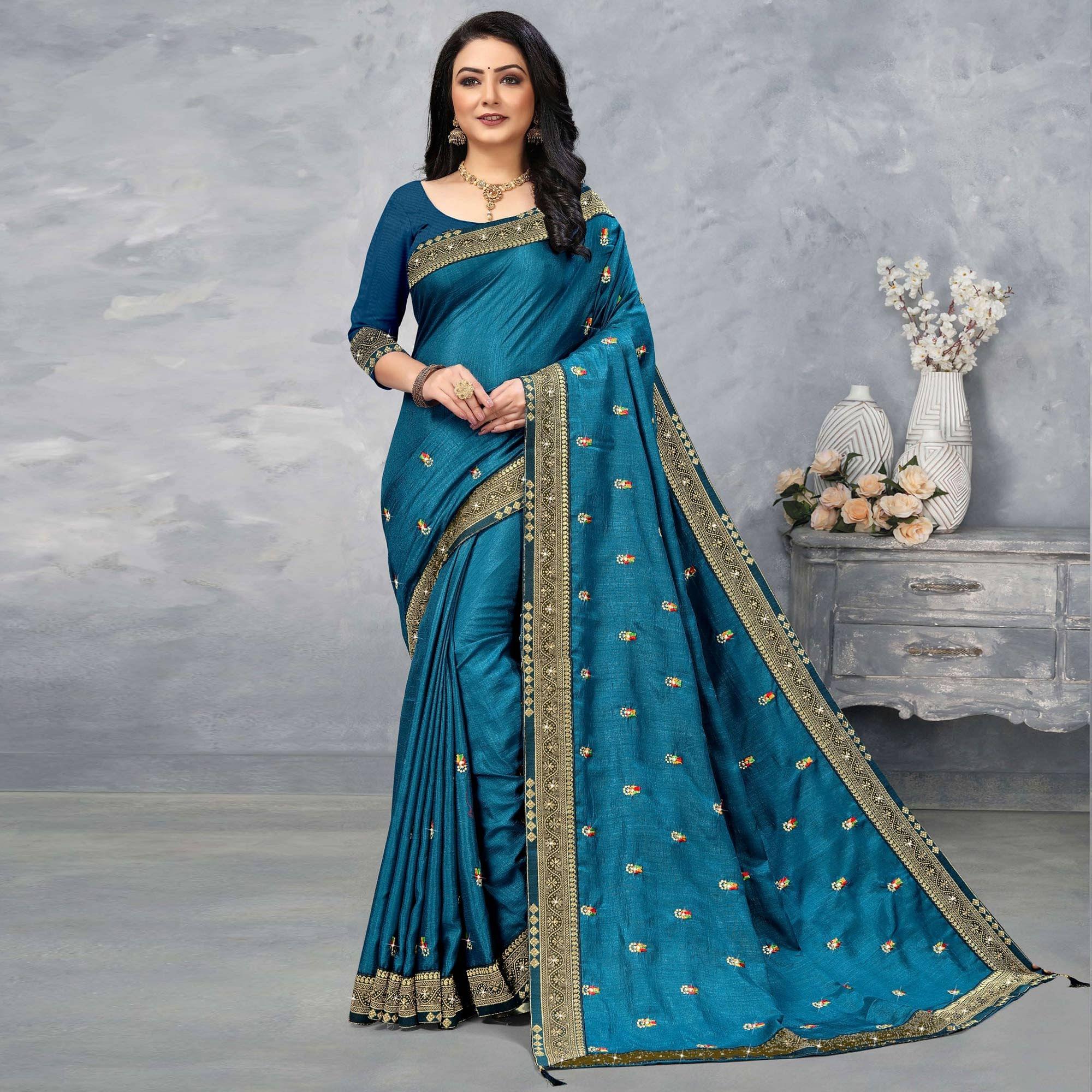 Blue Festive Wear Embroidered Vichitra Silk Sare - Peachmode