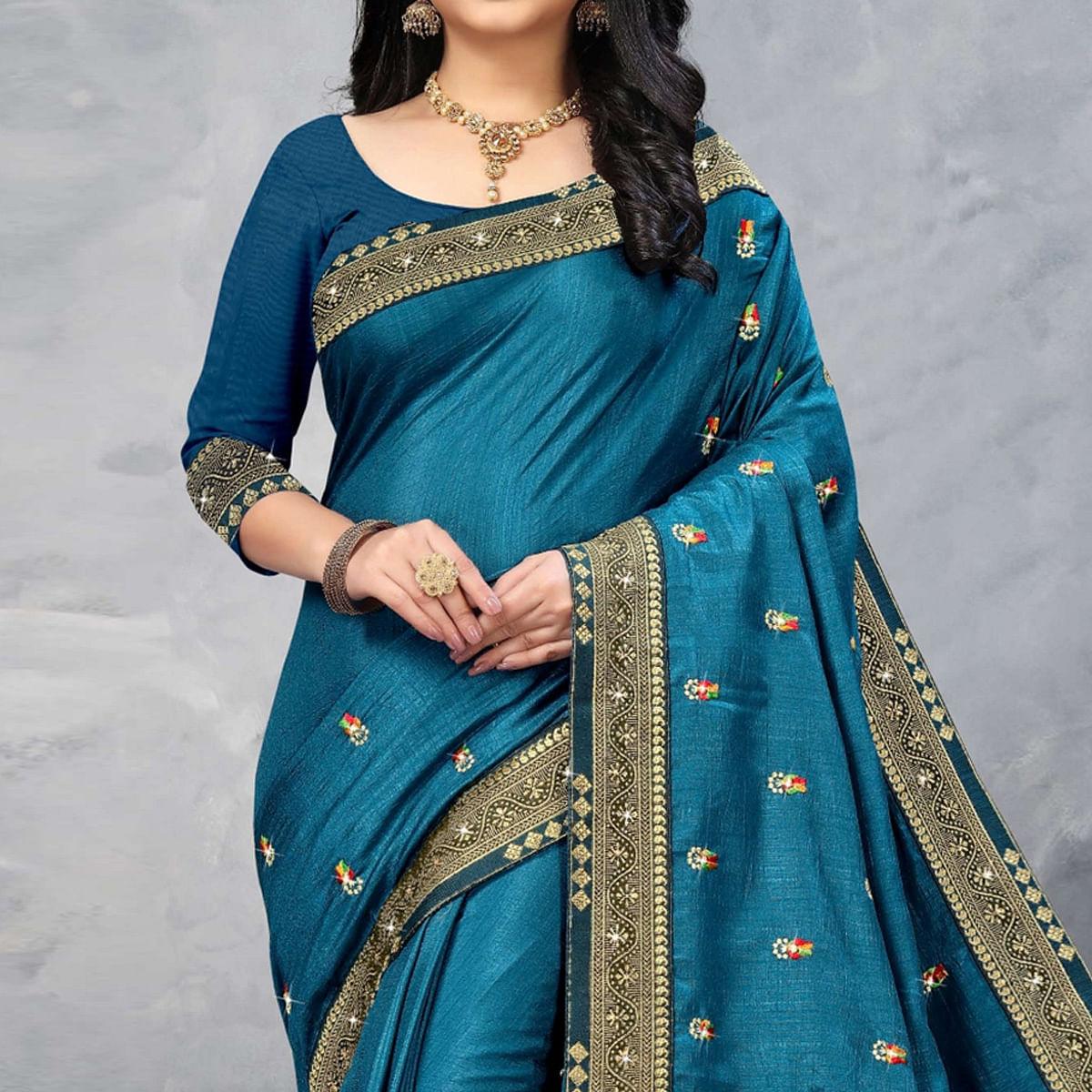 Blue Festive Wear Embroidered Vichitra Silk Sare - Peachmode