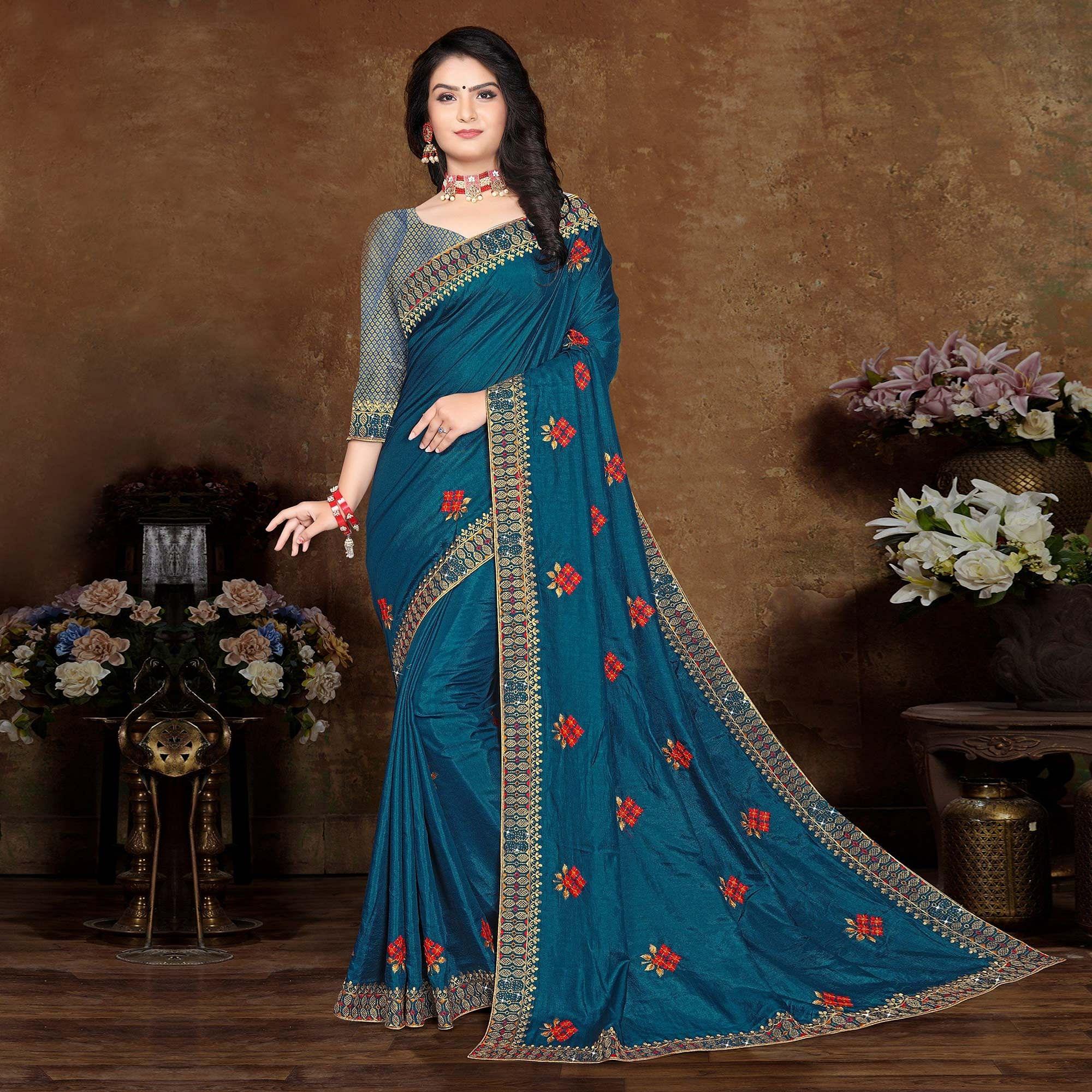 Blue Festive Wear Embroidered Vichitra Silk Saree - Peachmode