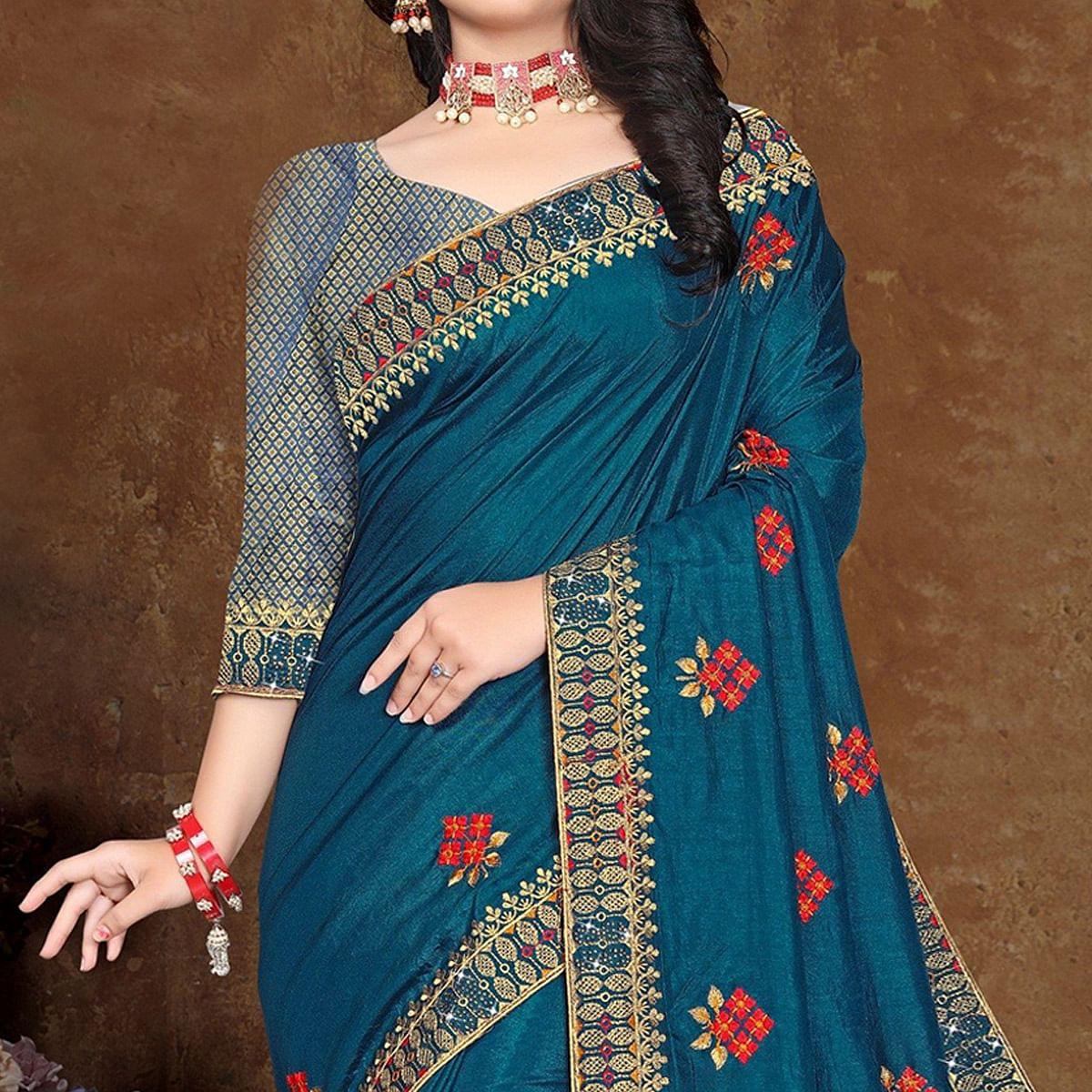 Blue Festive Wear Embroidered Vichitra Silk Saree - Peachmode