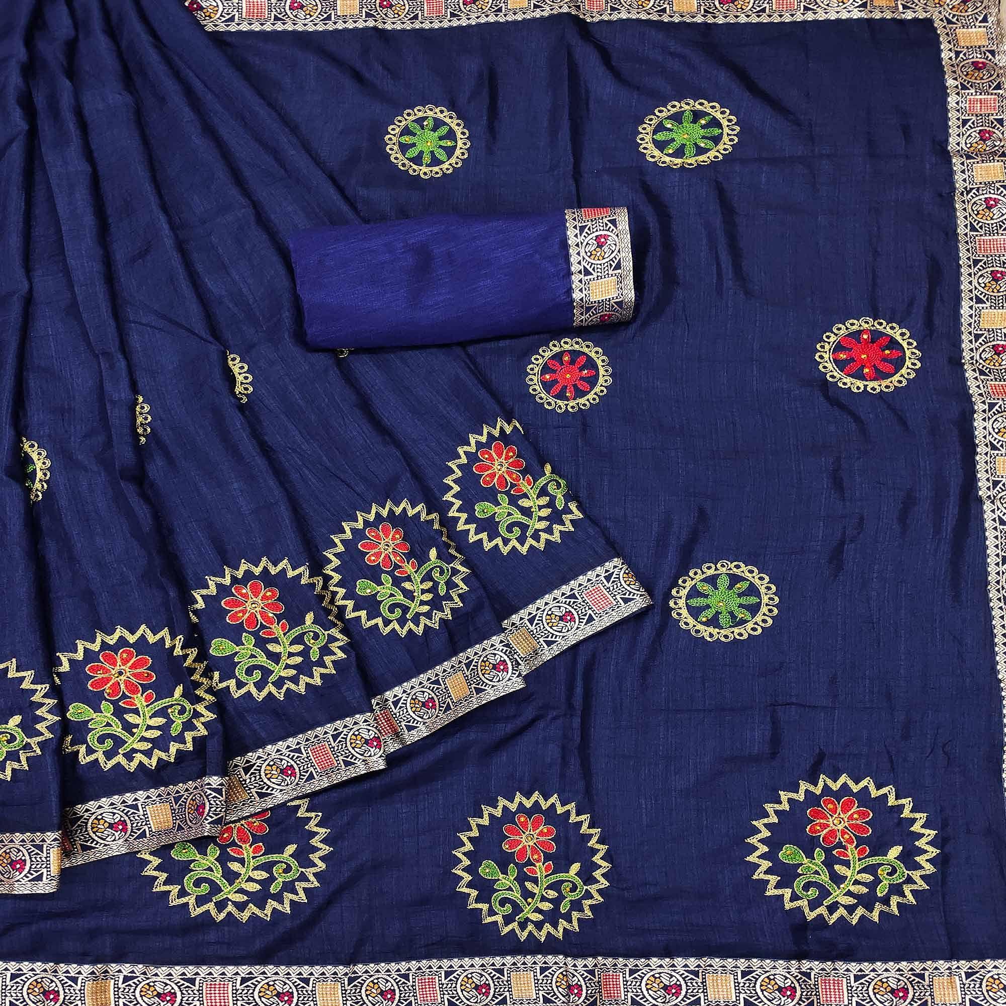 Blue Festive Wear Embroidered With Embellished Vichitra Silk Saree - Peachmode
