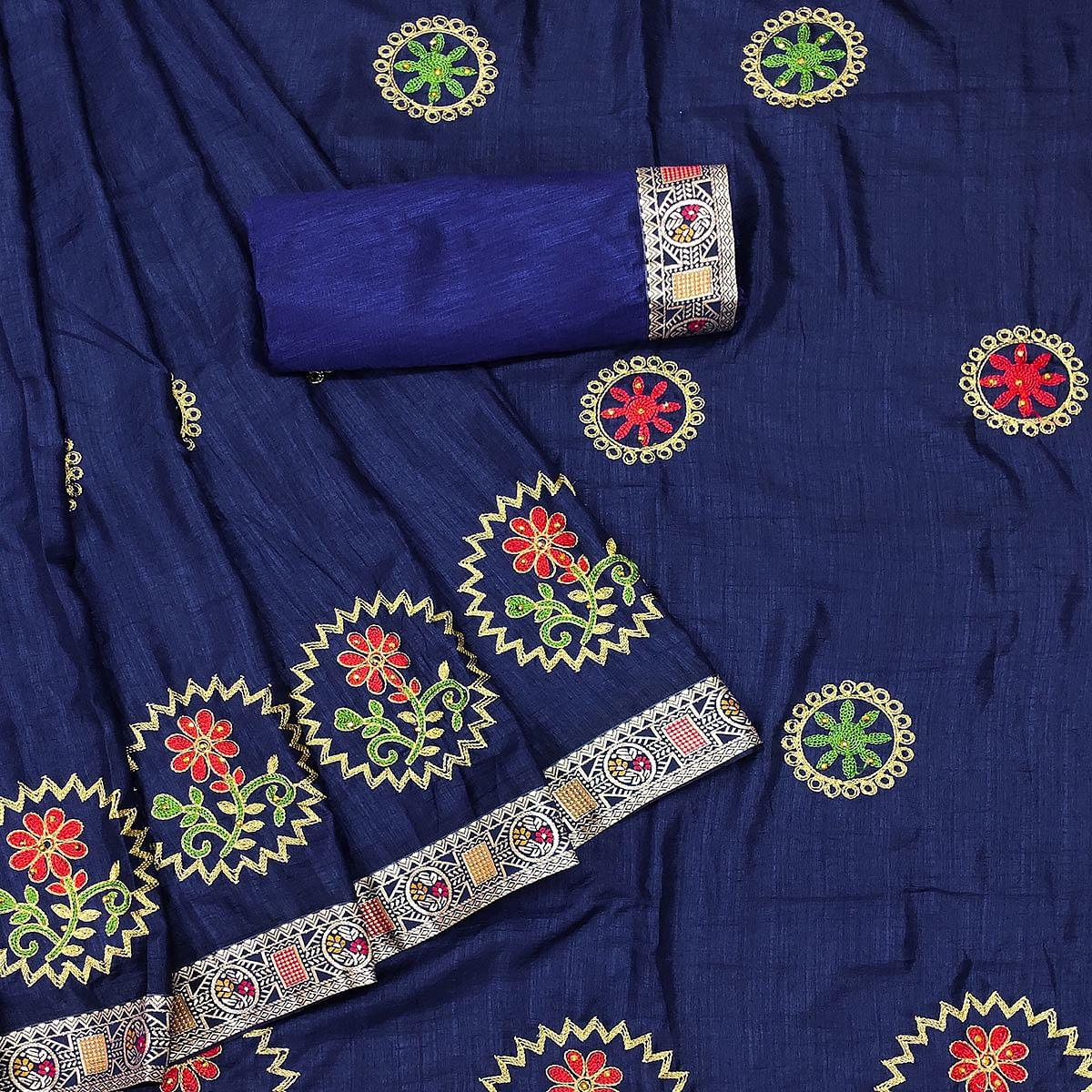 Blue Festive Wear Embroidered With Embellished Vichitra Silk Saree - Peachmode
