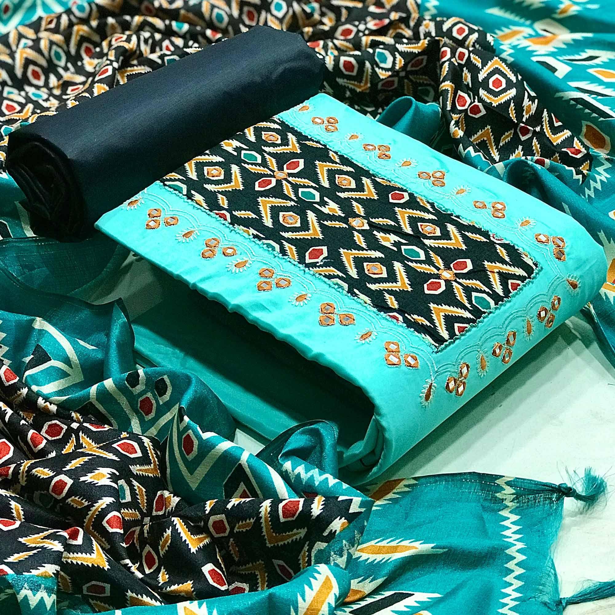 Blue Festive Wear Embroidery With Embellished Cotton Dress Material - Peachmode