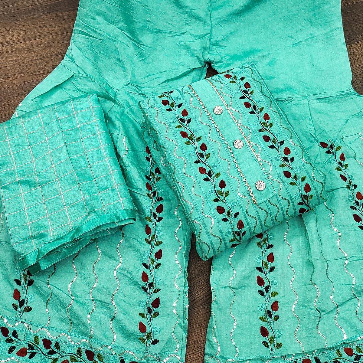 Blue Festive Wear Embroidery With Embellished Cotton Dress Material - Peachmode