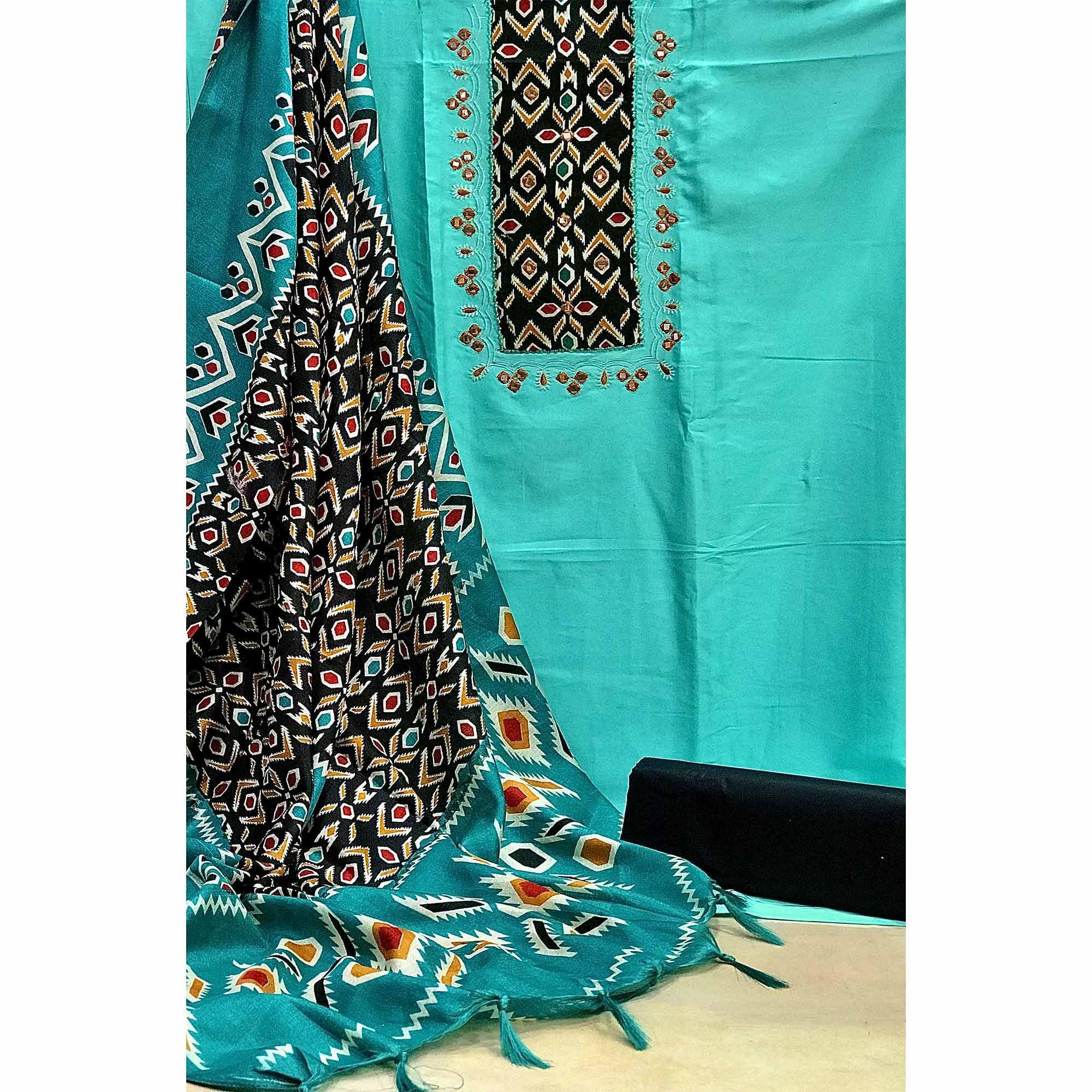 Blue Festive Wear Embroidery With Embellished Cotton Dress Material - Peachmode