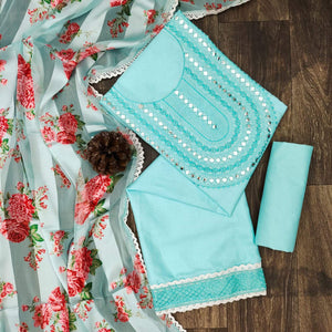 Blue Festive Wear Emebllished With Embroidered Cotton Dress Material - Peachmode