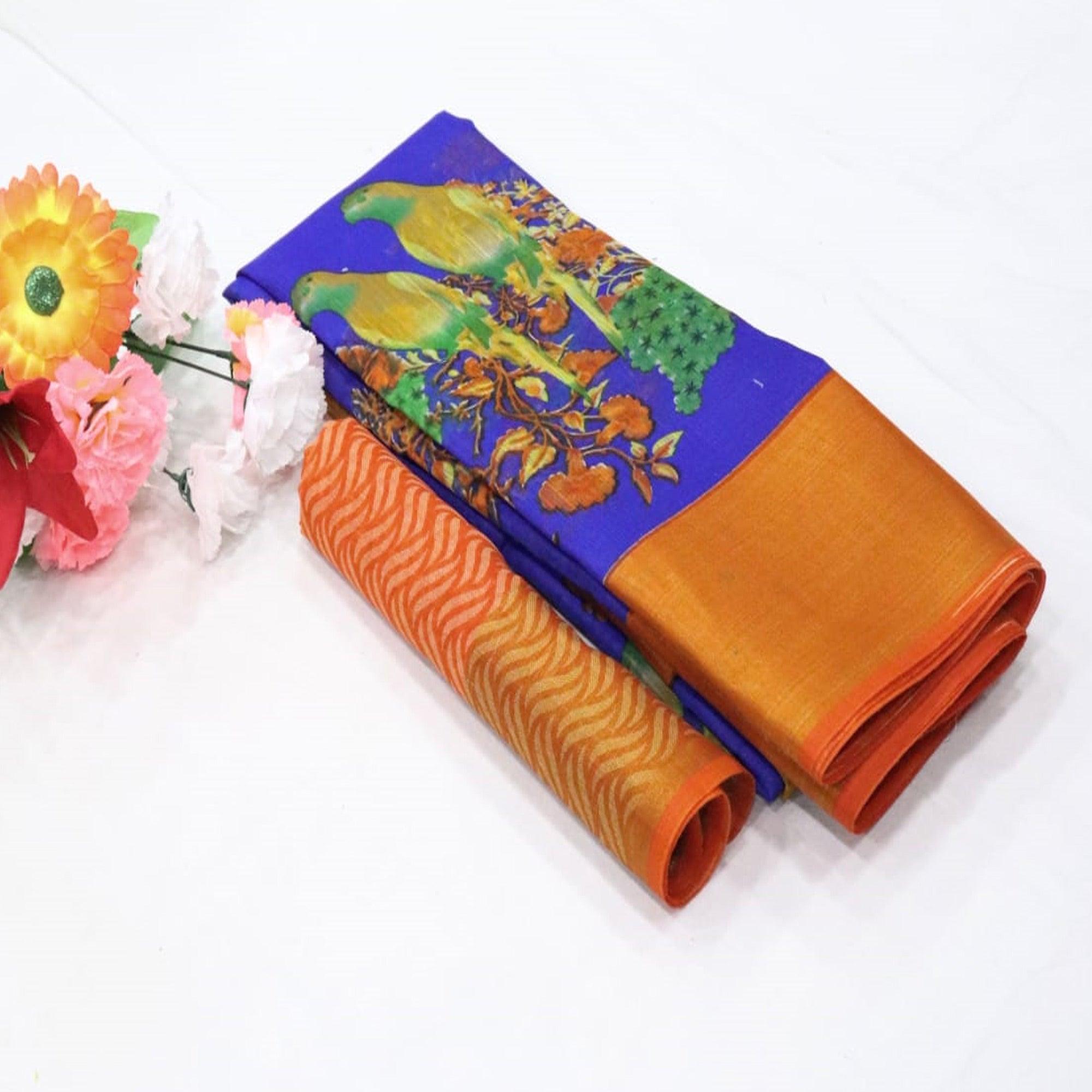 Blue Festive Wear Floral Digital Print With Sonakshi Zari Border Cotton Saree - Peachmode