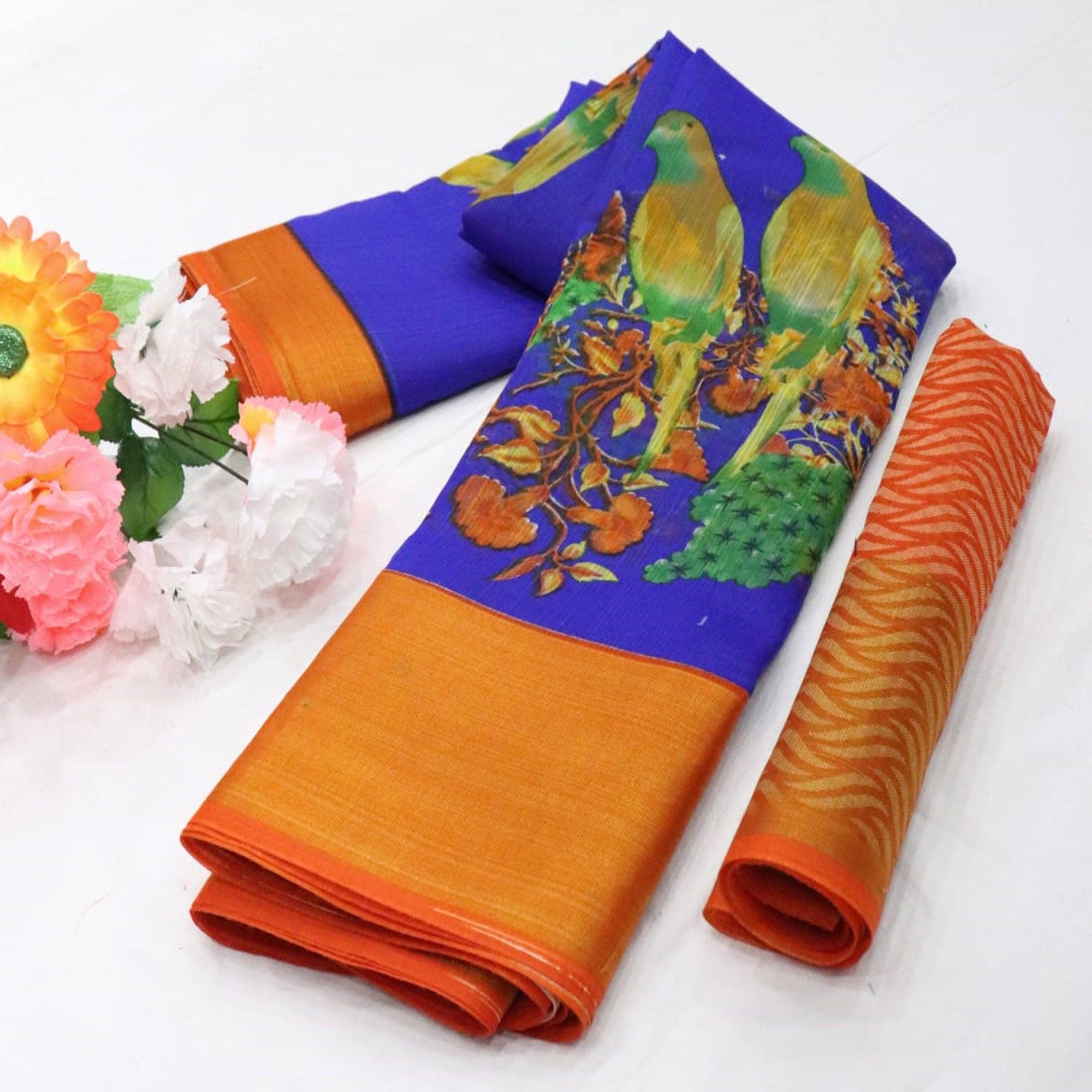 Blue Festive Wear Floral Digital Print With Sonakshi Zari Border Cotton Saree - Peachmode