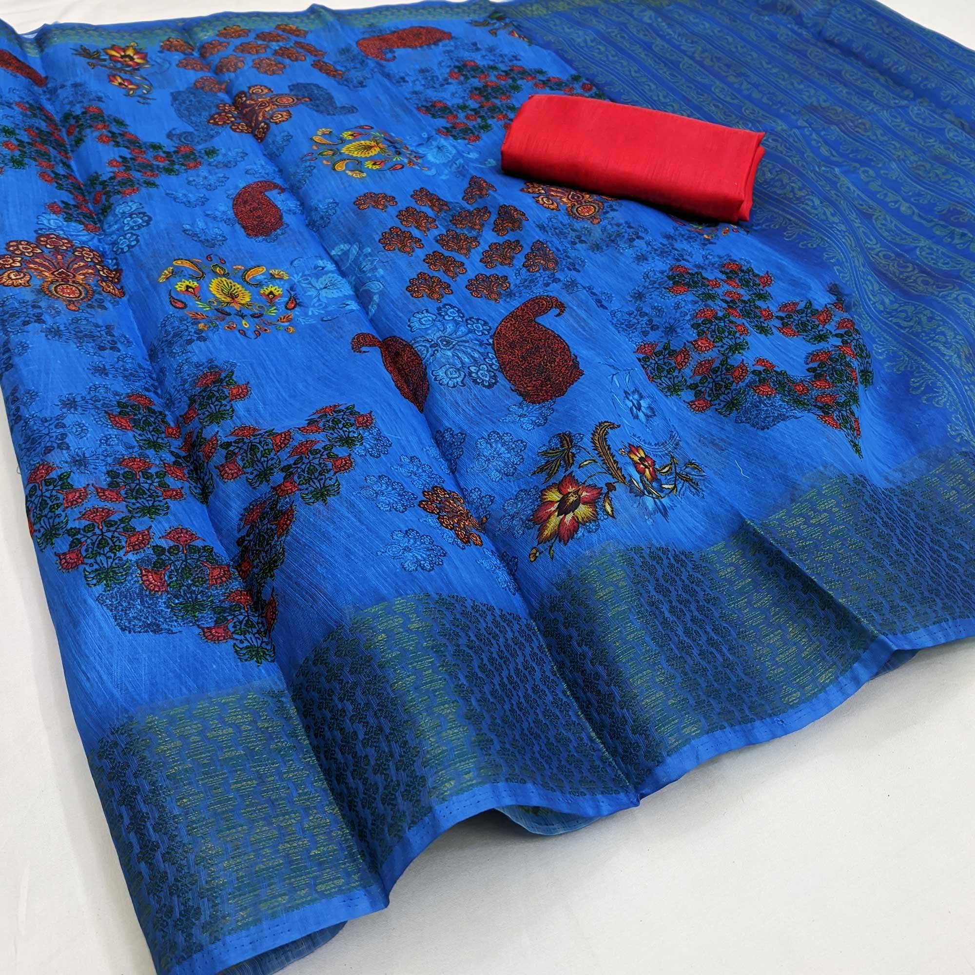 Blue Festive Wear Floral Digital Printed With Woven Zari Border Cotton Saree - Peachmode