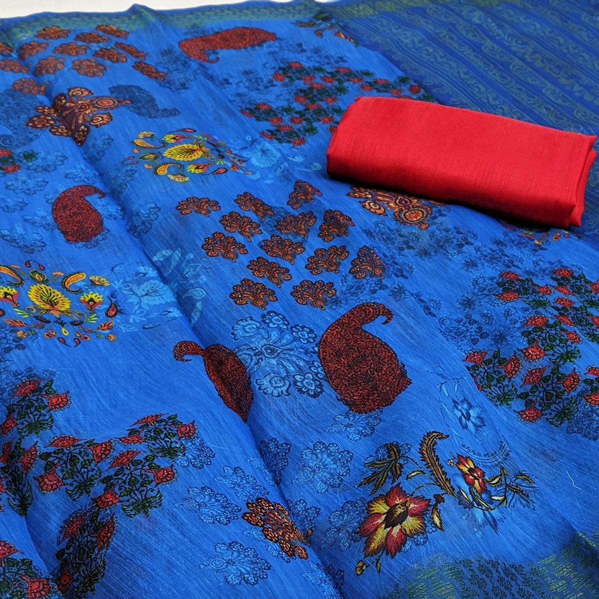 Blue Festive Wear Floral Digital Printed With Woven Zari Border Cotton Saree - Peachmode