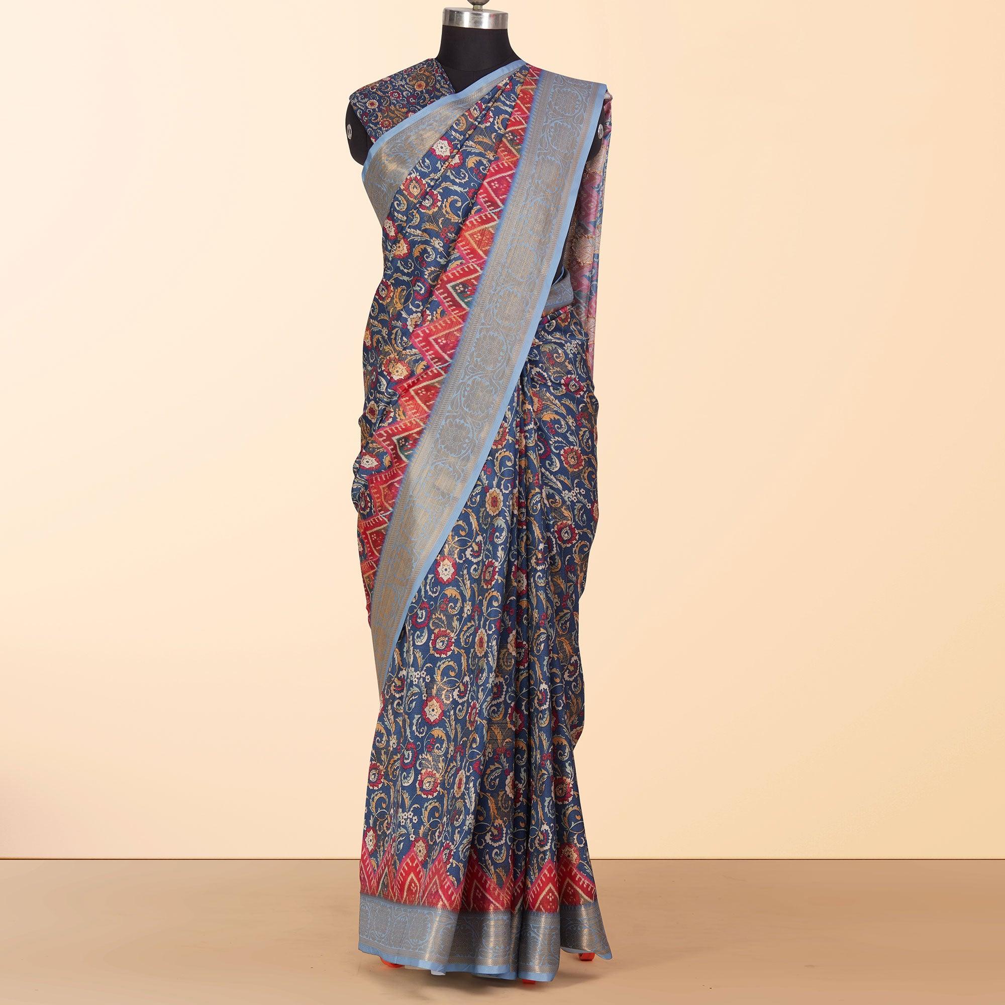 Blue Festive Wear Floral Digital Printed Woven Silk Saree - Peachmode