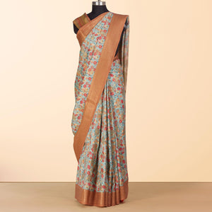 Blue Festive Wear Floral Digital Printed Woven Silk Saree - Peachmode
