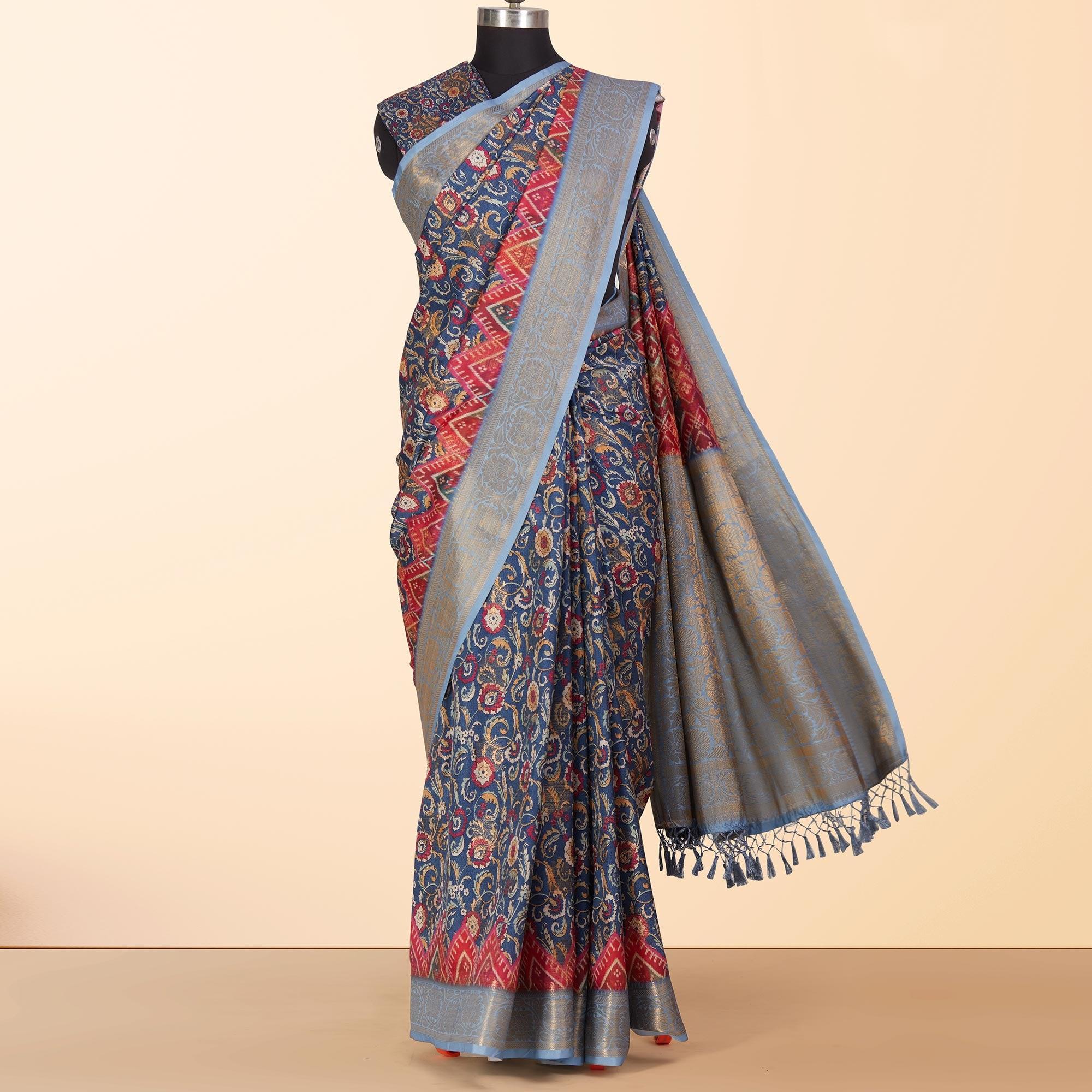 Blue Festive Wear Floral Digital Printed Woven Silk Saree - Peachmode