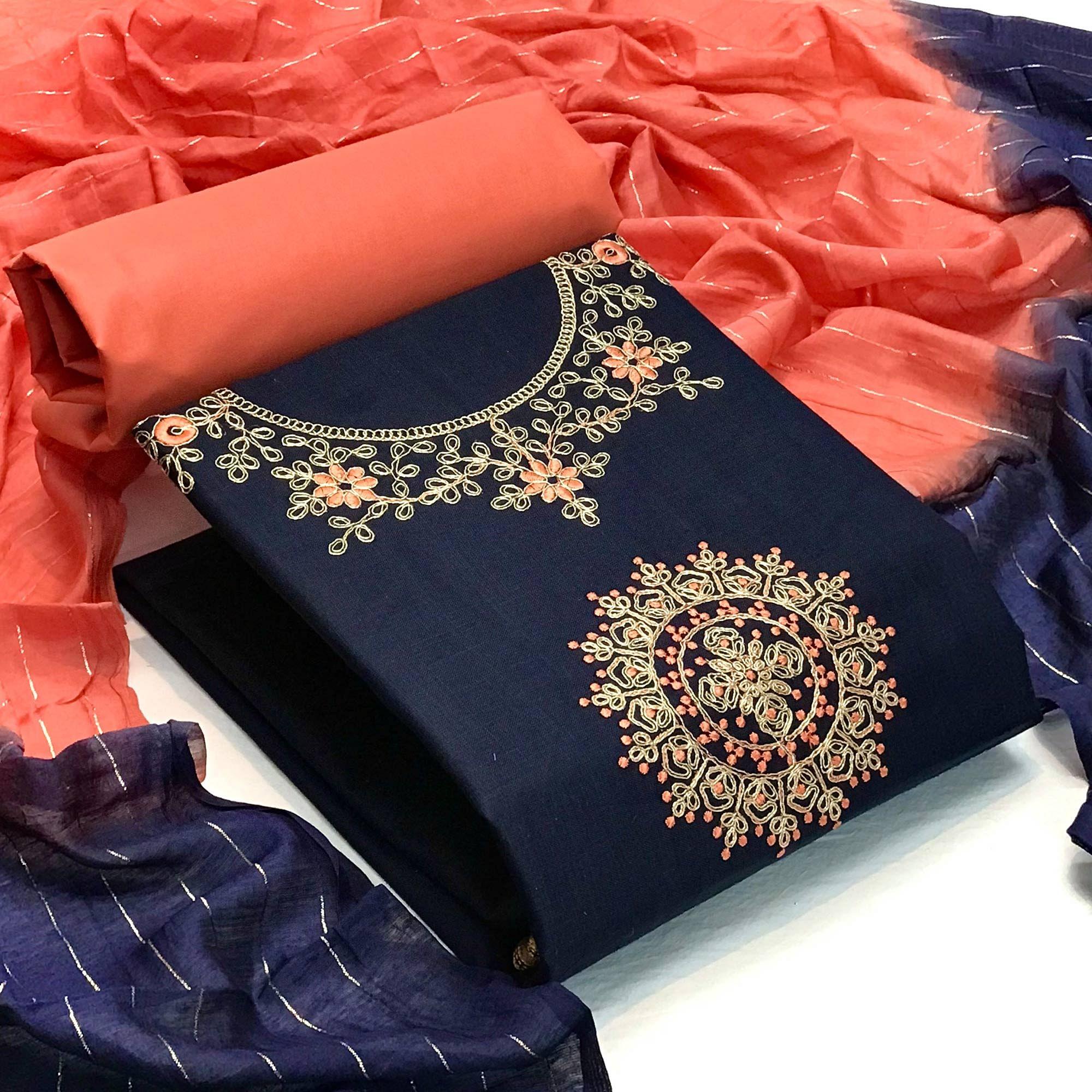 Blue Festive Wear Floral Embroidered Cotton Dress Material - Peachmode