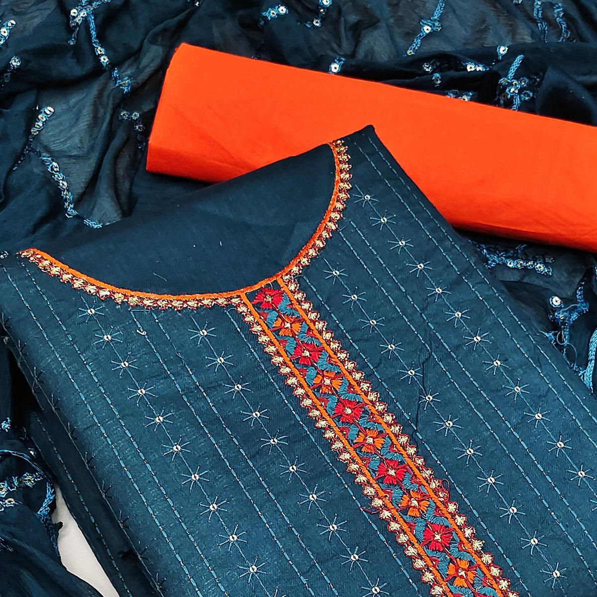 Blue Festive Wear Floral Embroidered Cotton Dress Material - Peachmode